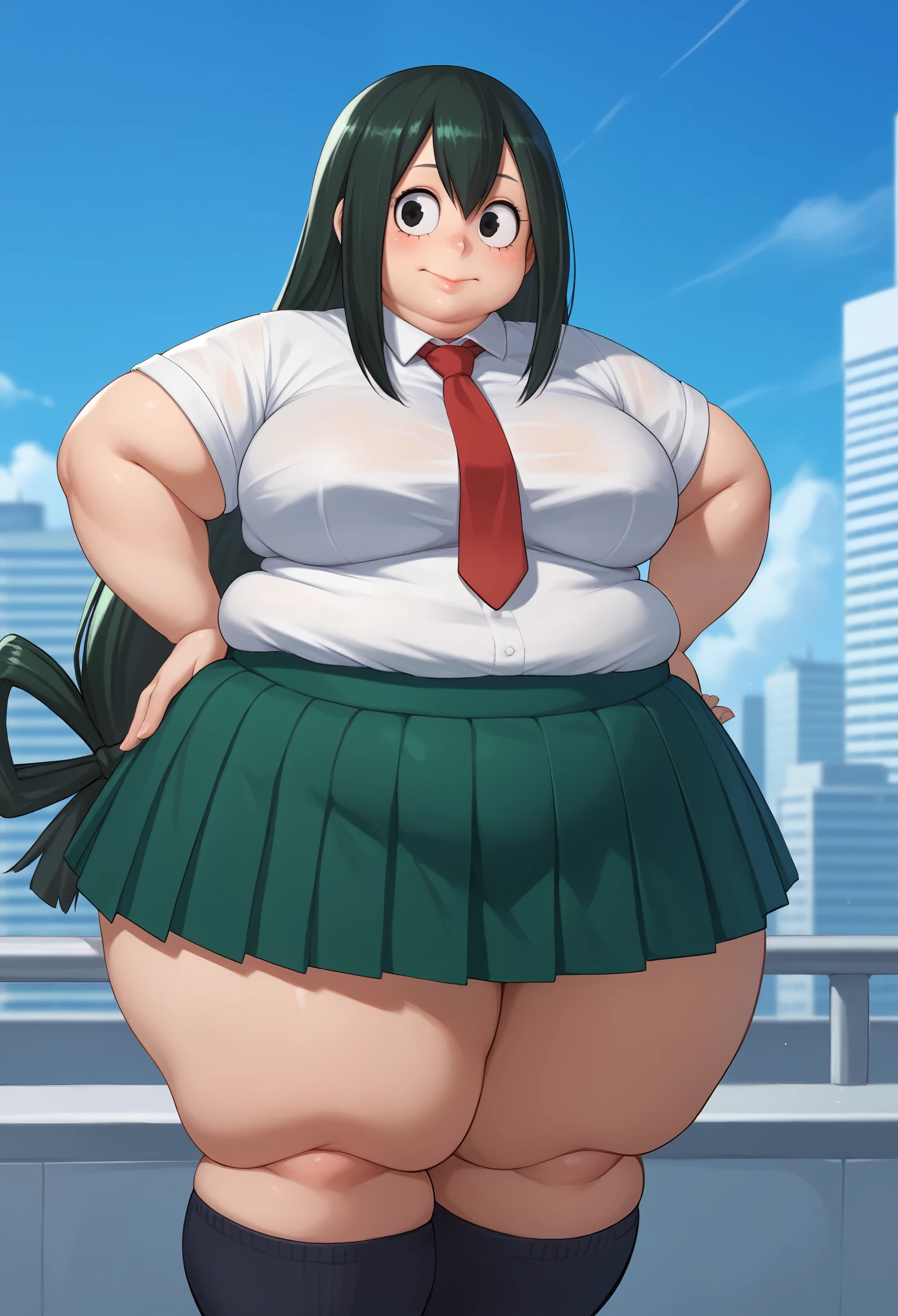 score_9_up, score_8_up, score_7_up,score_6_up, score_5_up, score_4_up, ,1girl, solo, white shirt, short sleeves, u.a. school uniform, black socks, brown loafers, kneehighs, pleated green skirt, red necktie, BREAK asui tsuyu, black eyes, black hair, boku no hero academia, breasts, long hair, sexy, BREAK flirting, cowboy shot, city background, fat, chubby, obese