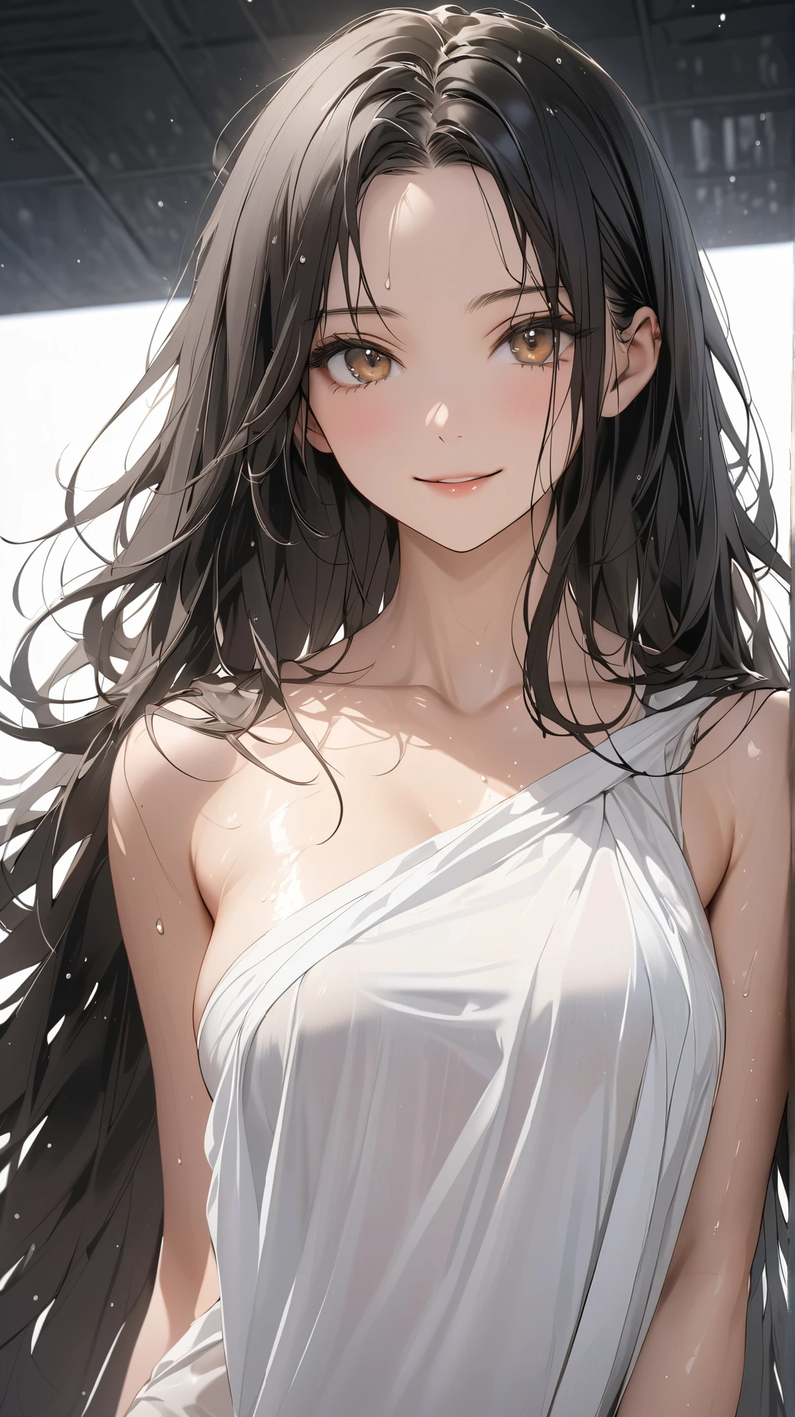 face details,semi realistic, Masterpiece, Master work, perfect , 4k, 1woman, wet hair, mature body,medium size breast, straight half body long hair, middle parted hair style, large forehead, black colored hair, golden eyes, gentle smile expression face, wearing white shower towel, collarbone,showing thighs, pelvic curtain, standing pose, strong wind, messy hair, empty background, white background, high res, ultrasharp, 8K, masterpiece, looking at the viewer (masterpiece), best quality, expressive eyes, perfect face