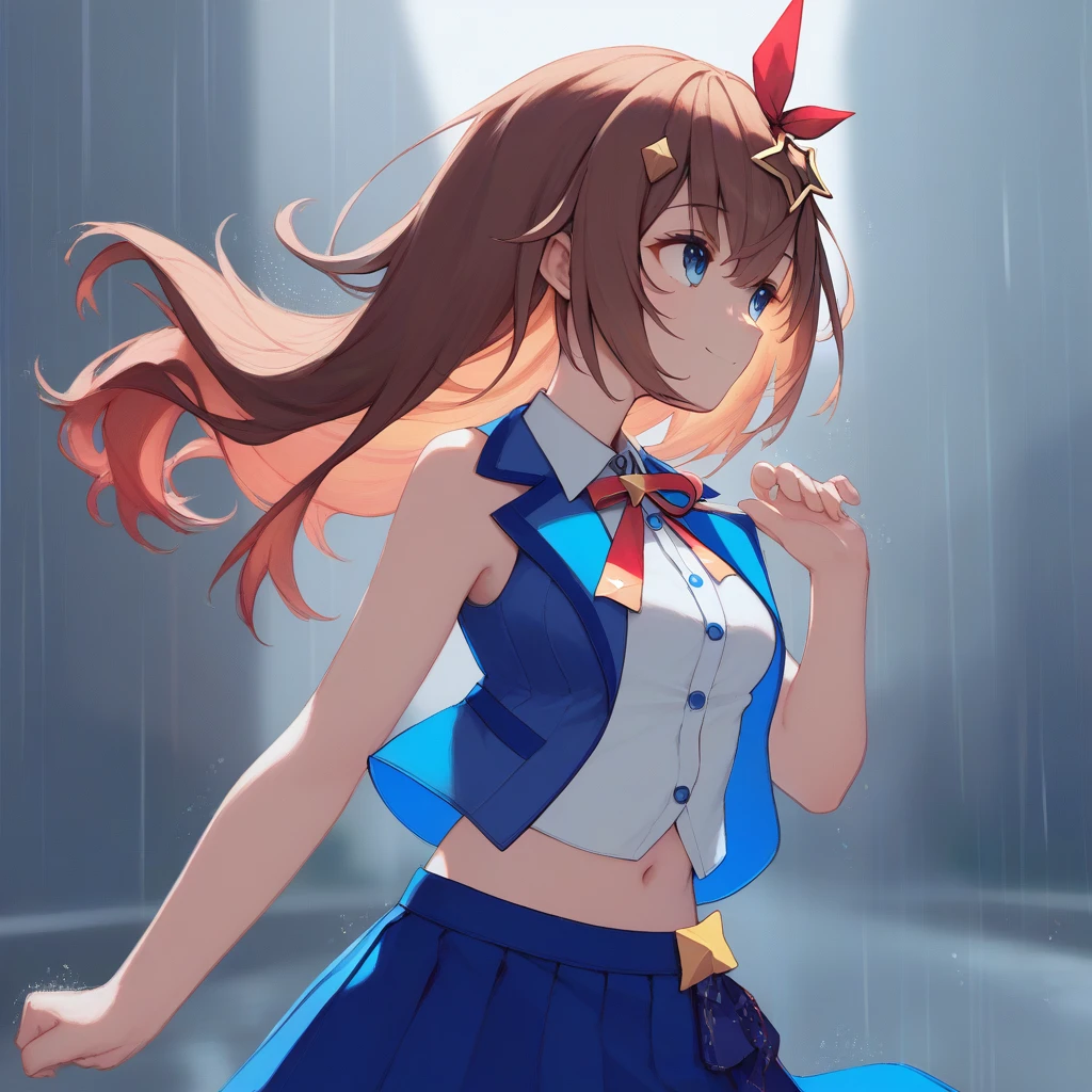 1girl, {{{{tokino sora}}}}, {{hololive}}, brown hair, blue eyes, long hair, red ribbon, star hair ornament, cowboy shot, medium breasts, neck ribbon, blue skirt, sleeveless shirt, navel, bangs, midriff, blue vest, smile, Walking in the Rain