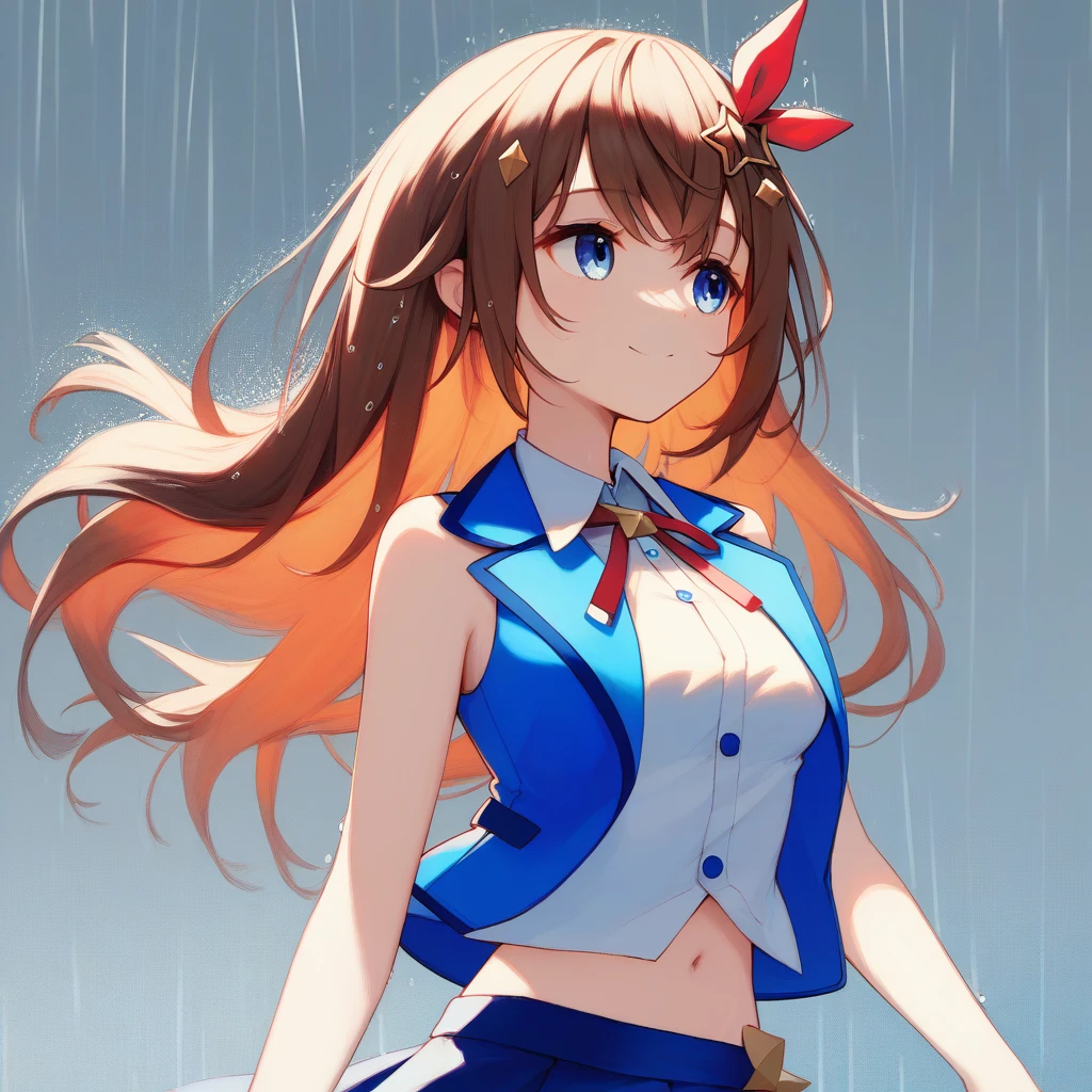 1girl, {{{{tokino sora}}}}, {{hololive}}, brown hair, blue eyes, long hair, red ribbon, star hair ornament, cowboy shot, medium breasts, neck ribbon, blue skirt, sleeveless shirt, navel, bangs, midriff, blue vest, smile, Walking in the Rain