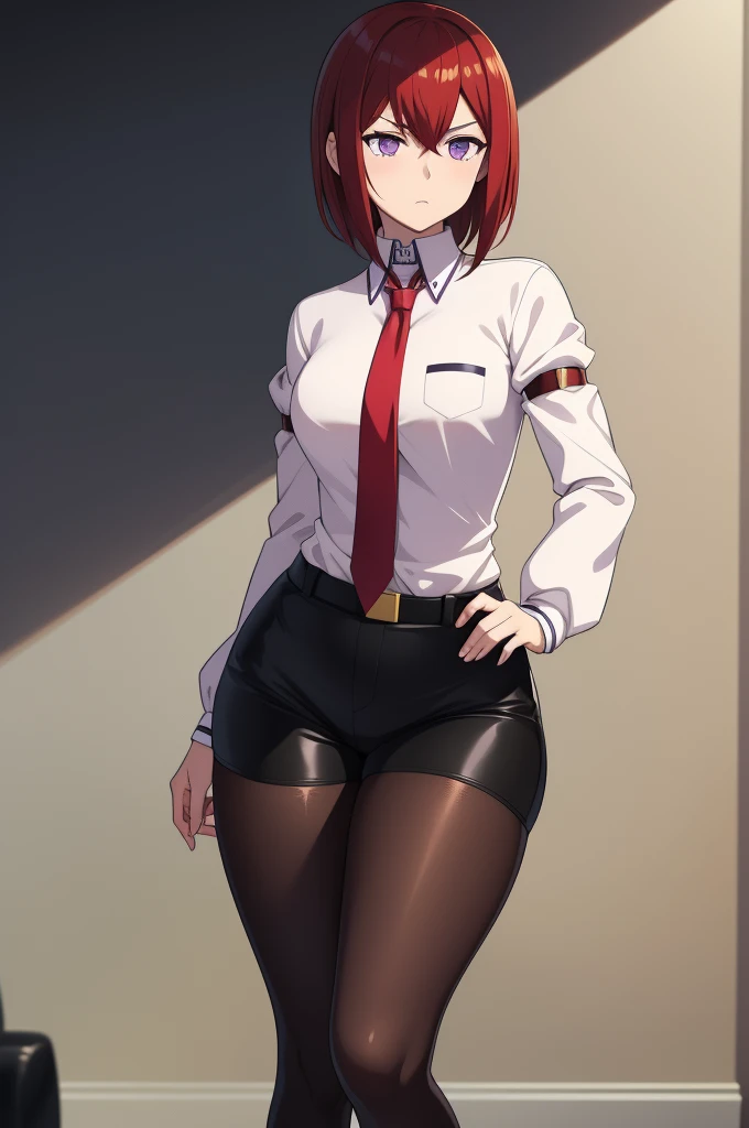 (masterpiece,  best quality),   intricate details ,
 1 girl ,  
 Makise Kurisu ,  hair between eyes,  hair is above shoulder ,  short hair , (Purple Eyes:1.1), Red Hair,   short straight hair , black  pantyhose, black Shorts, brown  comments,  comments, collared  shirt,  Long Sleeve , tie,  pantyhose,  pantyhose under Shorts,  shirt, short Shorts, Shorts,  Sleeves Over Wrist , white  shirt,  wing color , chubby, Big belly, (( wide hips:1.2)), big , small waist , Phantom Breaker , Fighting is insanely strong 