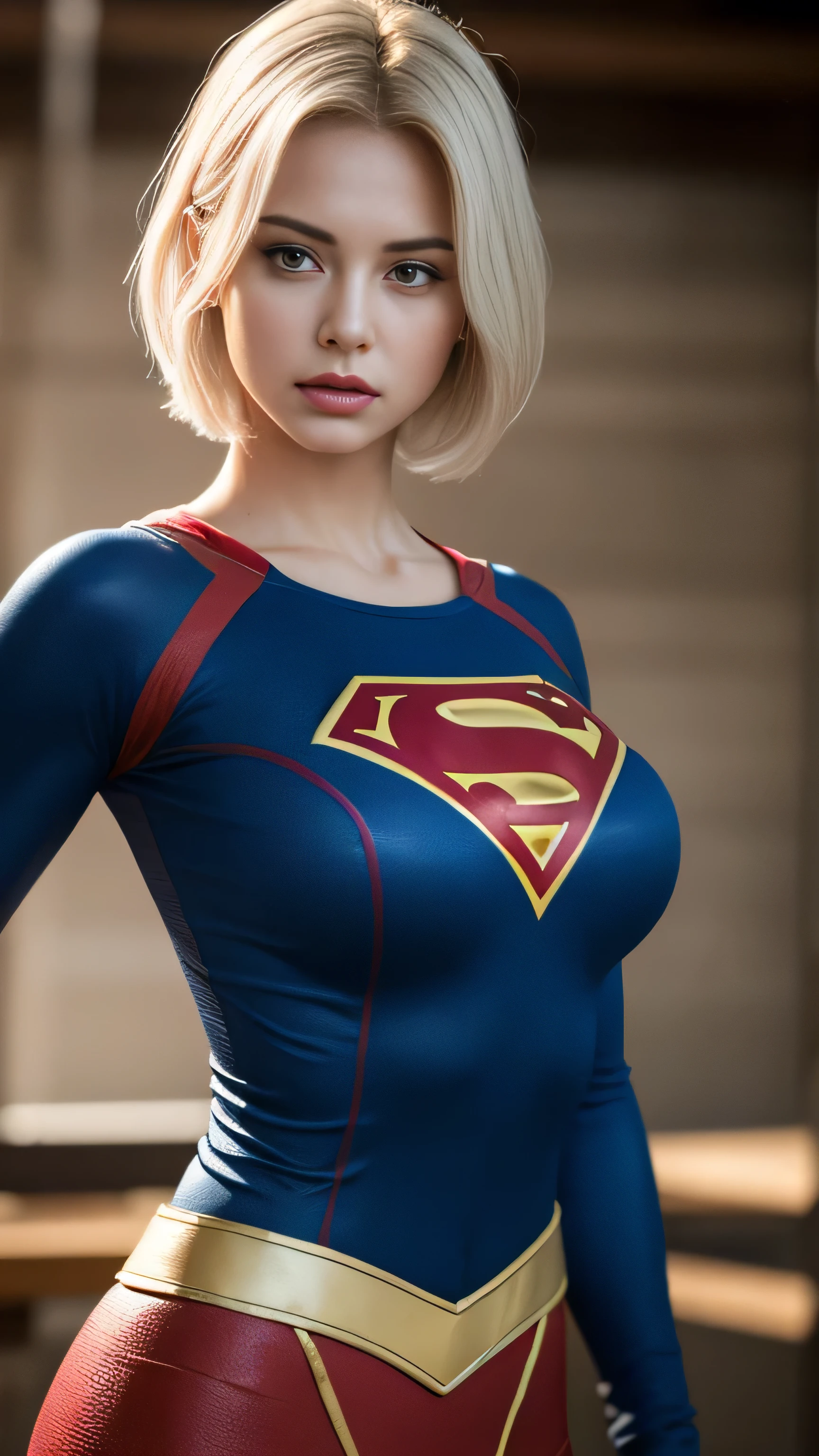Supergirl,Woman defined body,blonde hair,21 years old,large breasts, clothing(nurse,white hospital pajamas),