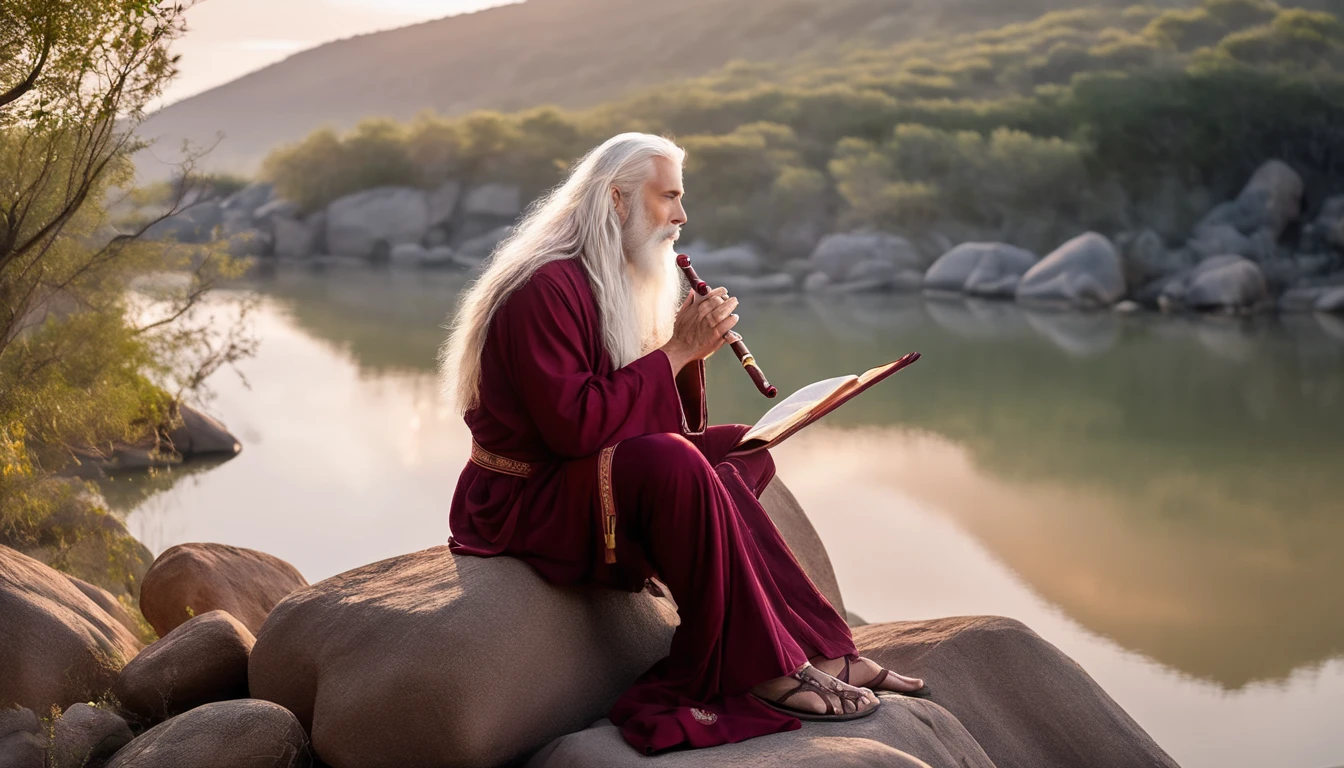 a 30 year old man with long white hair, wearing a maroon robe, sitting cross-legged on a rock playing the flute, beautiful song background, realistic, 8k resolution