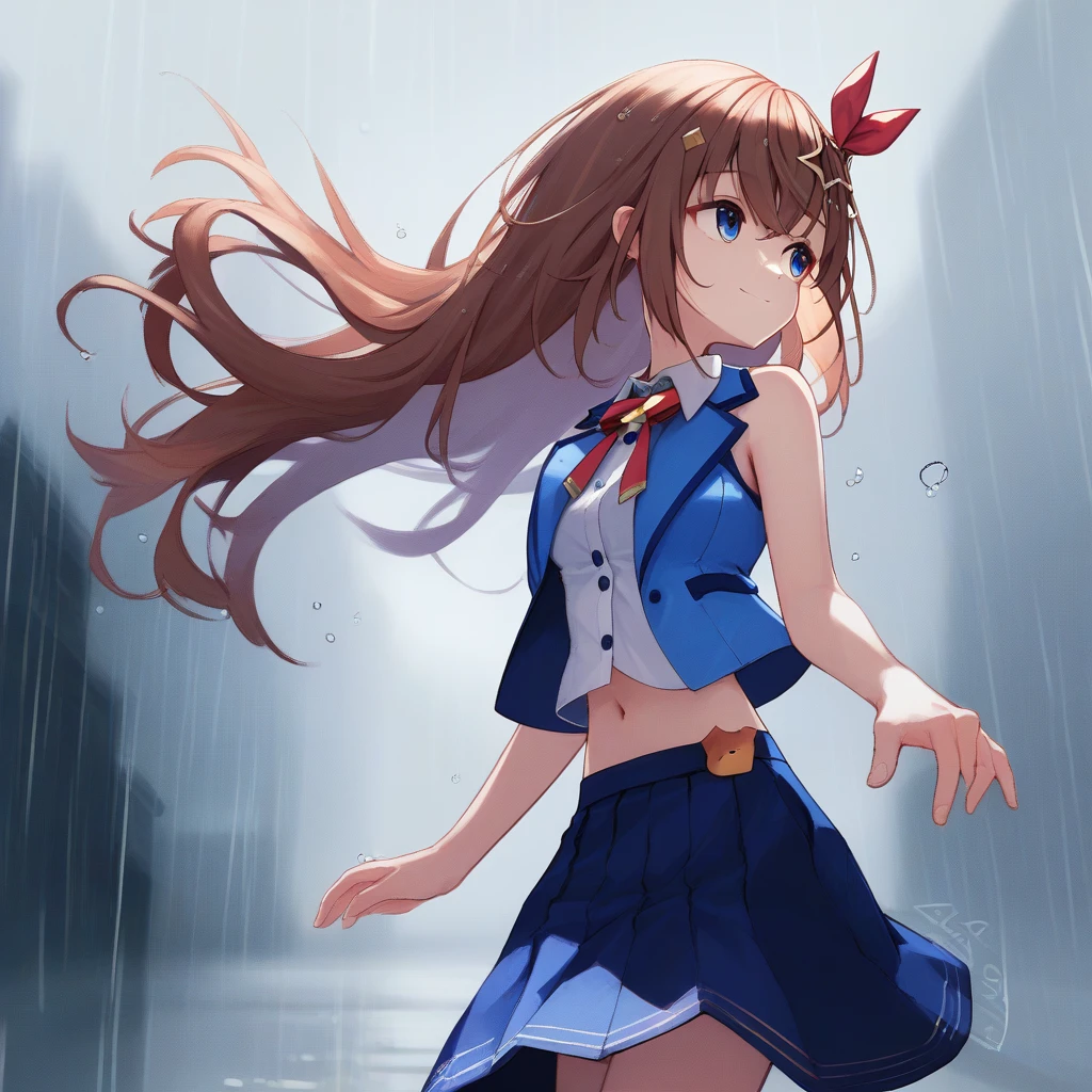 1girl, {{{{tokino sora}}}}, {{hololive}}, brown hair, blue eyes, long hair, red ribbon, star hair ornament, cowboy shot, medium breasts, neck ribbon, blue skirt, sleeveless shirt, navel, bangs, midriff, blue vest, smile, Walking in the rain with a transparent umbrella