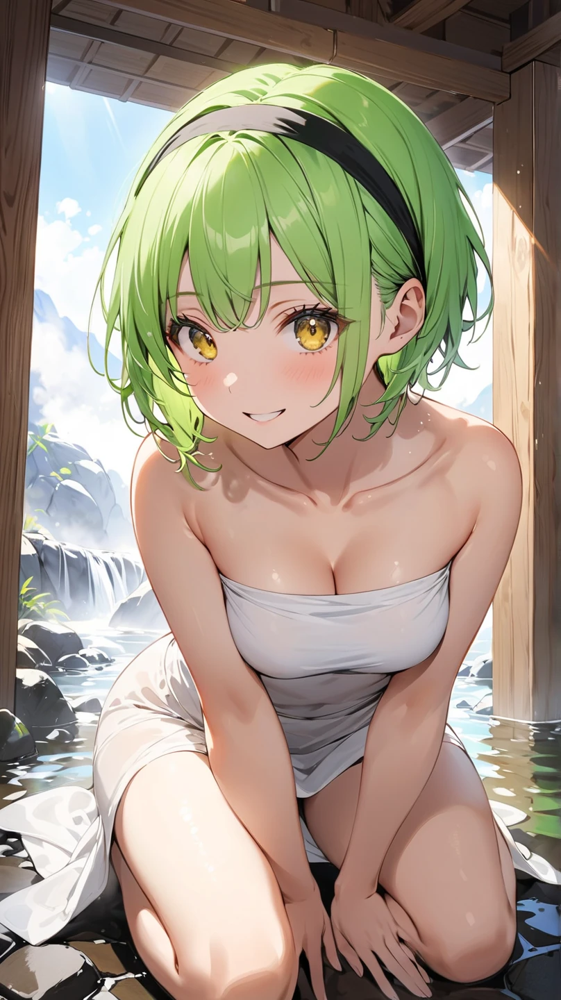 (masterpiece), best quality, ultra-detailed, 4k, ray tracing, perfect lighting, 1girl, cowboy shot, Tatsumaki, short hair, green hair, seductive, erotica, horny, sexy face, expressive eyes, delicated eyes, detailed eyes, blush, (pink cheeks), hot, sexy, nsfw, naked, nude, sexy body, natural skin texture, showing her boobs, small boobs, pretty boobs, perfect boobs, thinner waist, wide hips, thick thighs, thighs, perfect anatomic, better lighting, viewer look, sexy pose, holding her pussy, touching her pussy, in a hot springs in the mountain, steam, sweaty, wet, no panties, perfect pussy, open pussy, pretty pussy.