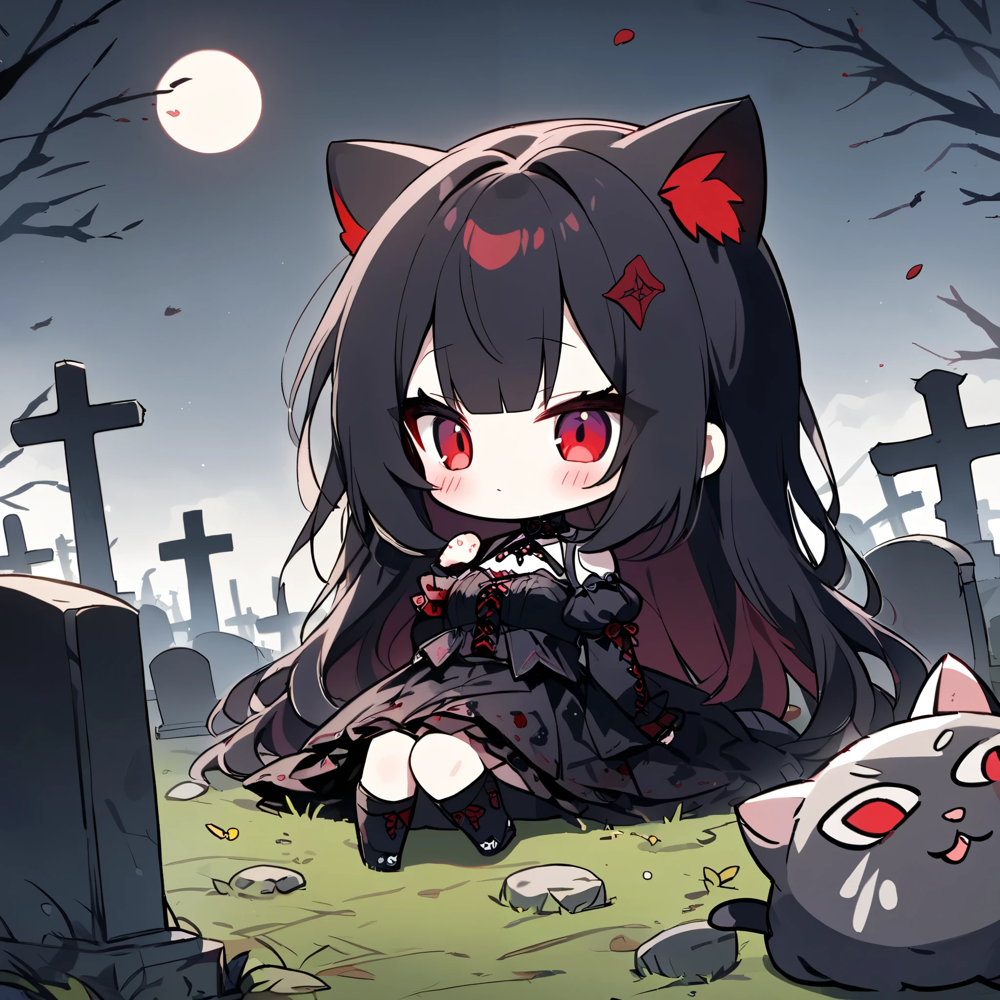 abandoned cemetery,Dark Gothic ,Chibi cat, red eyes,  straight bangs 