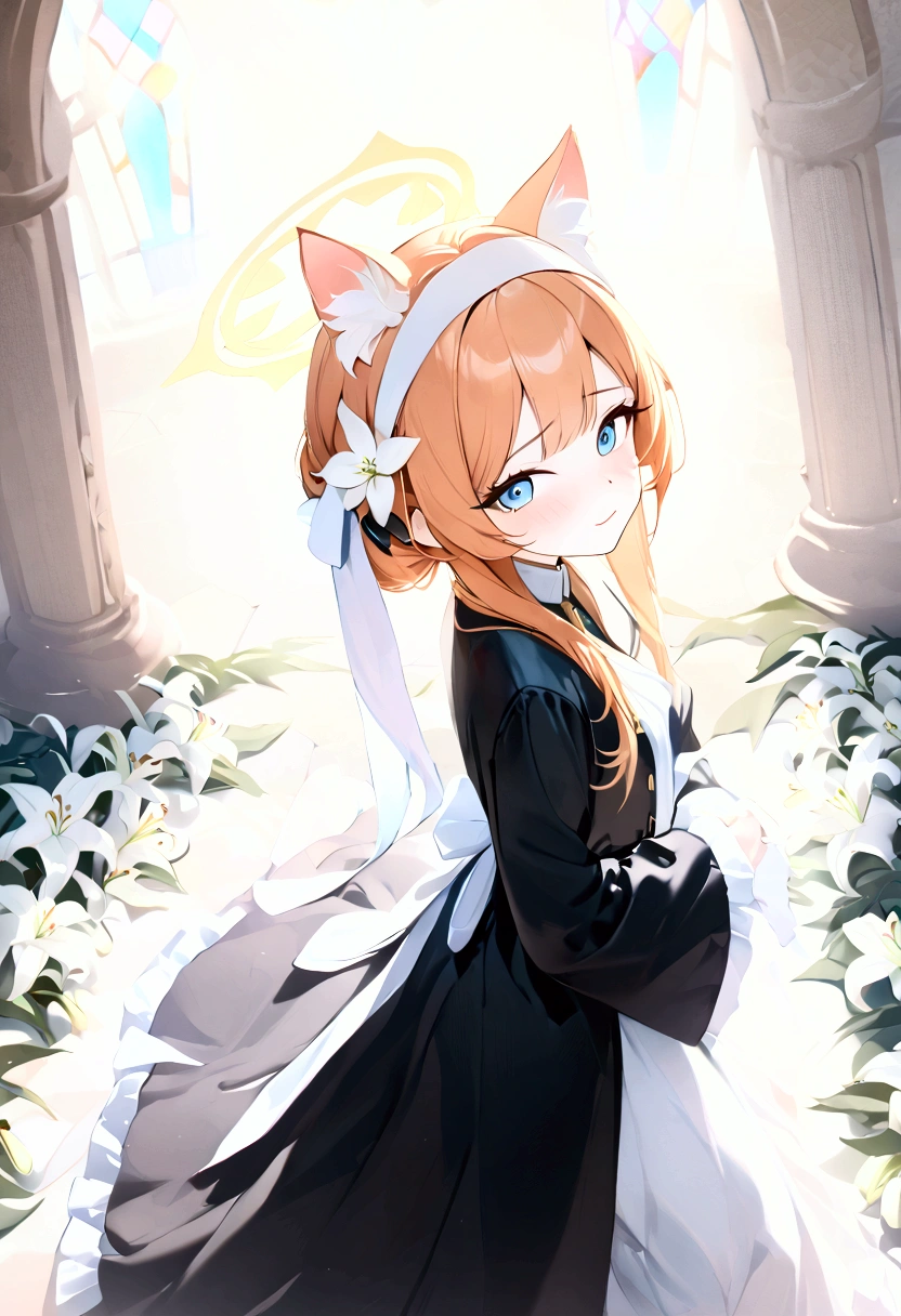 High image quality 、masterpiece、  High Quality   、Full HD、4K 、 seen from above 、Marie Iraki(blue archive)、 bright orange hair 、Cat ears、White flower hair ornament、 white headband 、 blue eyes、 slim、 flat chested、Yellow halo (Kisaki)、 Shy 、blush、 red cheeks 、Watery eyes、Black monk&#39;s habit、 Prayer Poses、church、 stained glass 、Lily flower