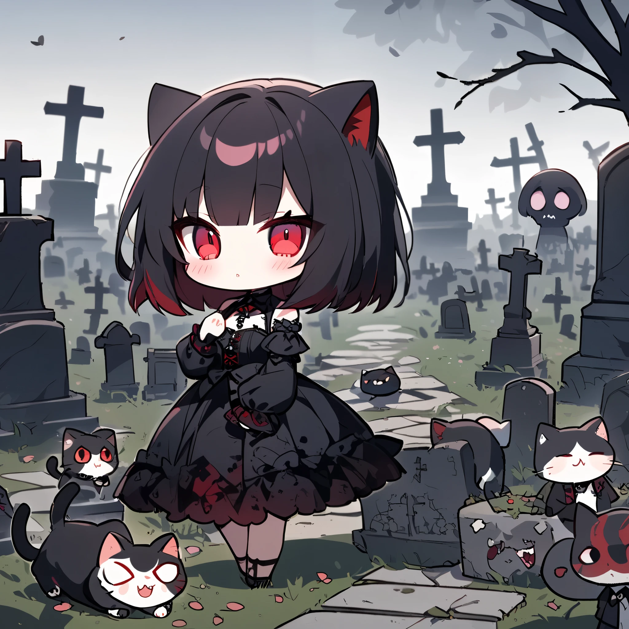 abandoned cemetery,Dark Gothic ,Chibi cat, red eyes,  straight bangs 