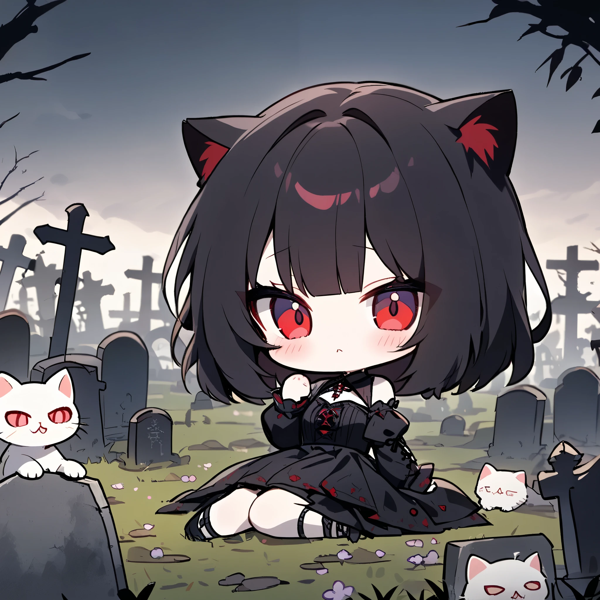 abandoned cemetery,Dark Gothic ,Chibi cat, red eyes,  straight bangs 