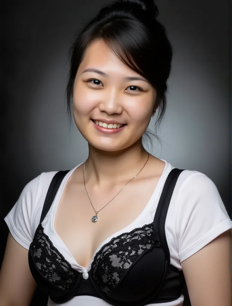 Pretty asian woman happy and smile, necklace, updo hair, she wearing very thin white t-shirt, (( her black bra clearly visible through clothes)), visible bra lines, (big breasts) , (side pose, focused on her big breasts), gradient black-grey background