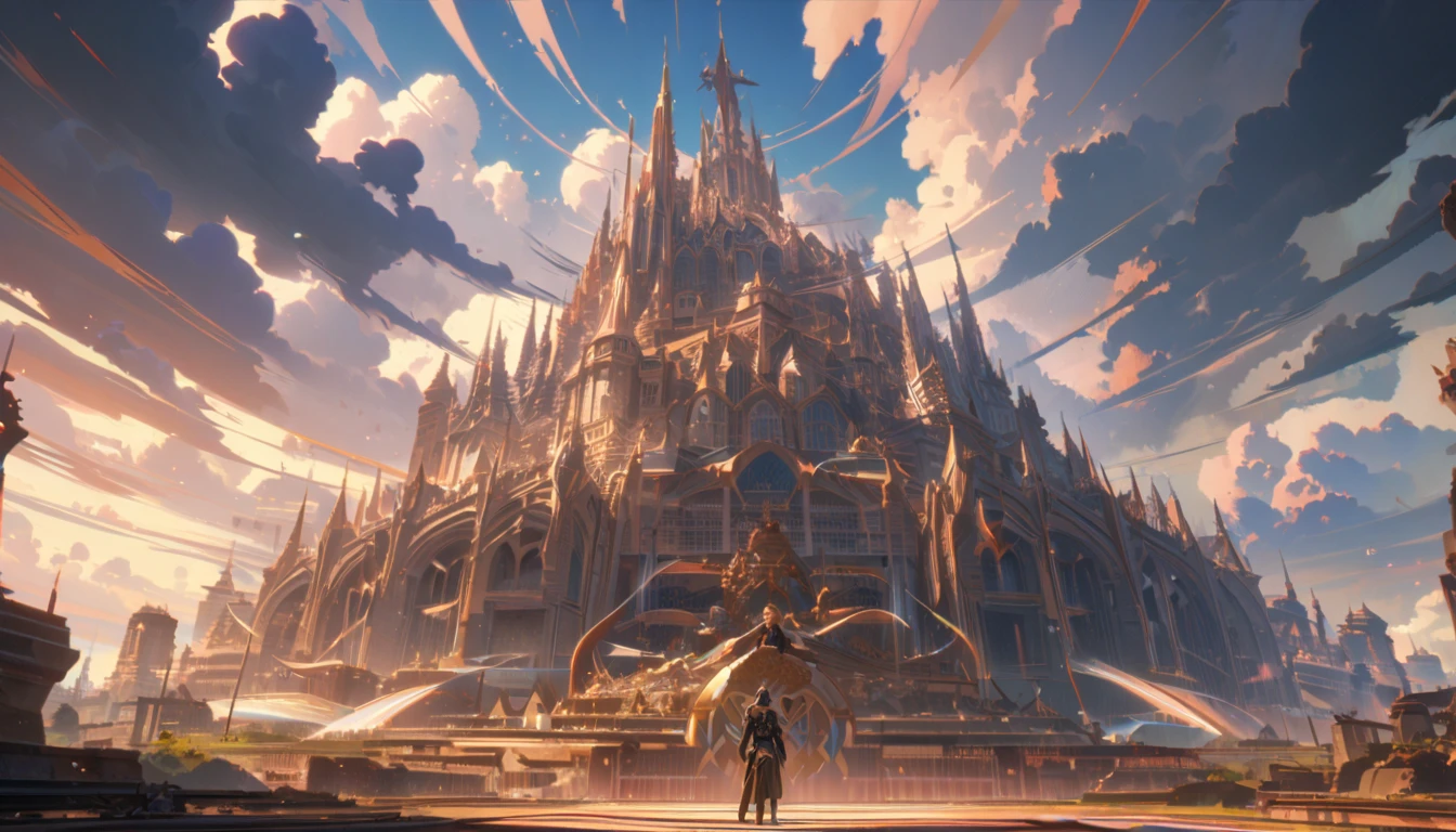 anime aestetics, half destroyed bulding, arcane artstyle, final scene, grand finale, fantasy knight, man holding a warhammer on hees knees, dark clouds, biorobot in the cape holding his head, beautiful aestetics, biomechanics style, dark and bright contrast, aesteticly pleasing,  wide shot, atmospheric perspective, perspective, best quality, highres, 4K, 8k, 16k, masterpiece, award winning 