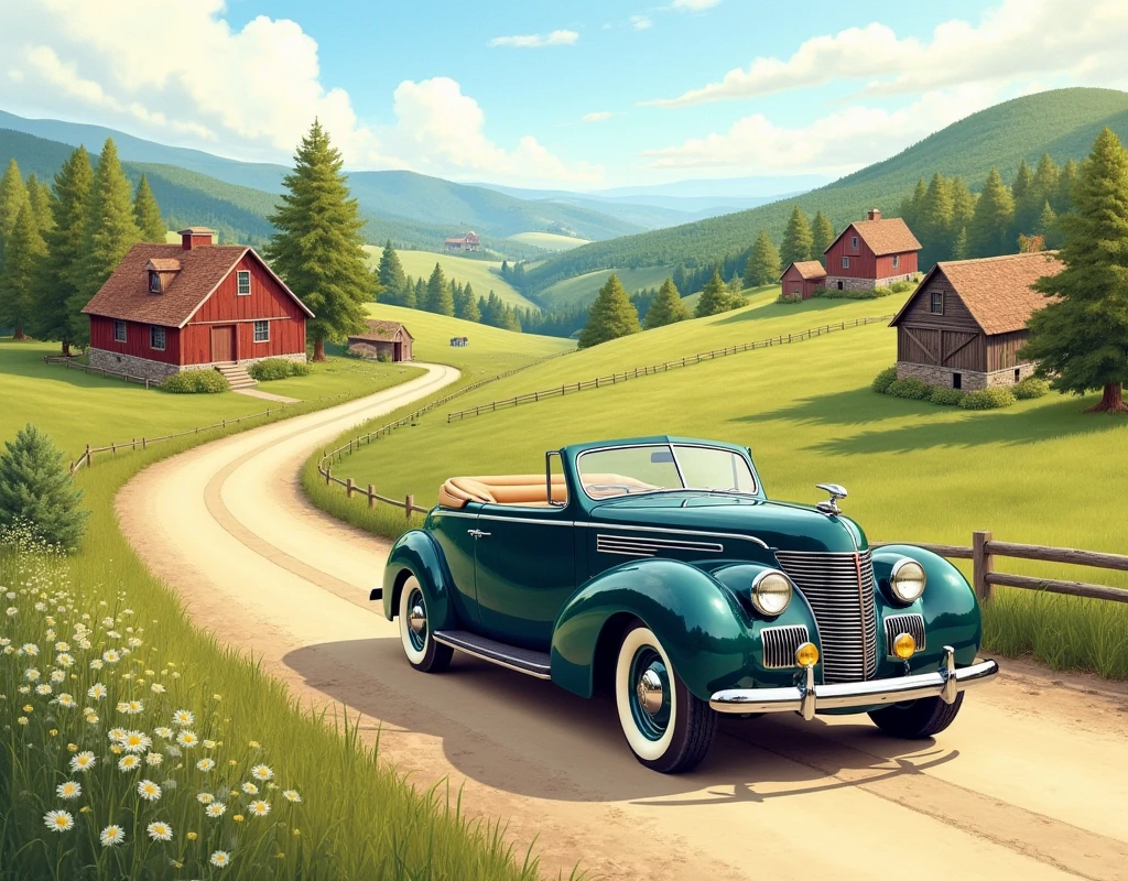 Vintage car in country road drawing 