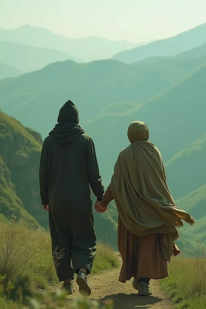 Craft an image capturing the essence of exploration as the two friends climb a breathtaking mountain peak, their hijabs billowing in the wind. The scenic view should evoke a sense of achievement and camaraderie, 35mm lense, Over-the-shoulder shot, duotone color grading, depth of field cinematography, western film style, high quality, ultra detail, 8k resolution