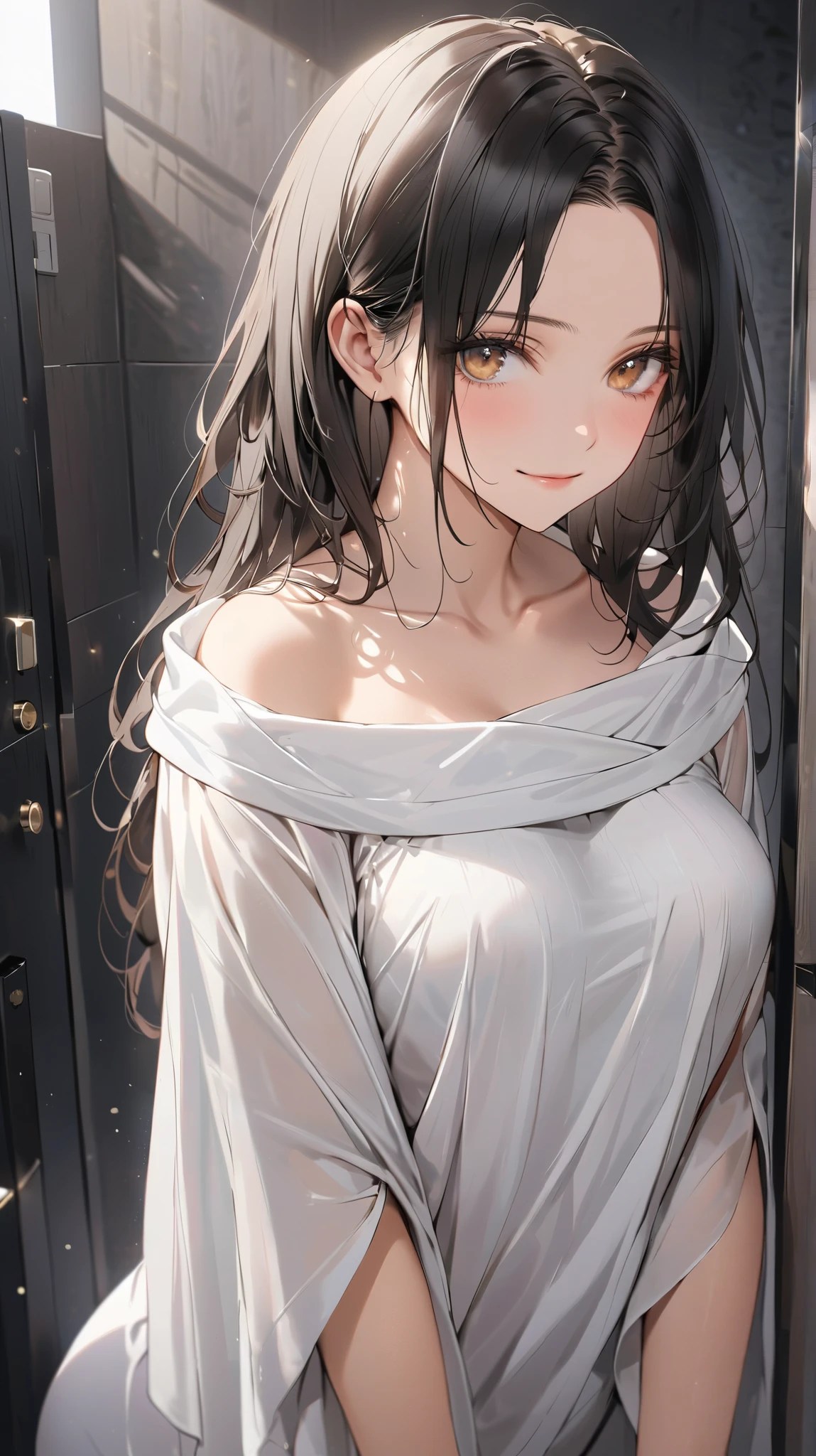face details,semi realistic, Masterpiece, Master work, perfect , 4k, 1woman, mature body, full body view, medium size breast, straight half body long hair, middle parted hair style, large forehead, black colored hair, golden eyes, gentle smile expression face, wrapped with white bathing towel, standing pose, showing thighs, inside bathroom, collarbone, leaning forward, high res, ultrasharp, 8K, masterpiece, looking at the viewer (masterpiece), best quality, expressive eyes, perfect face