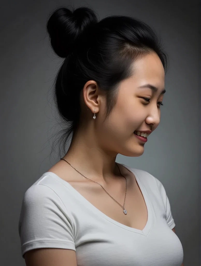 Pretty asian woman happy and smile, necklace, updo hair, she wearing very thin white t-shirt, (her black bra slightly visibled through clothes), visible bra lines, (big breasts) , (side pose, focused on her big breasts), gradient black-grey background