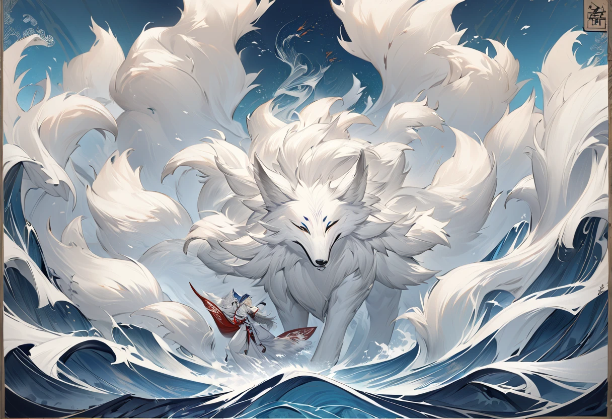 The mythical beast nine tailed white fox in the ancient Chinese Book of Mountains and Seas，Some of the nine tails are translucent 高解像度,  realism