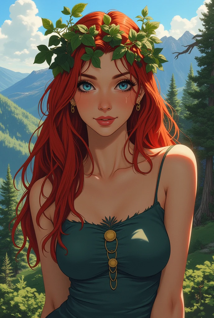 ne0nfant4sy, cowboy shot, masterpiece, western comics style, a painting of a stunningly beautiful woman femme viking, with red hair and sky blue eyes, and a garland of ivy in her hair. In the background mountains and forest,  pretty eye makeup, gorgeous lips ,  regal personality, oil painting style, big beautiful eyes looking intelligent looking at camera, sexy adorable pose , dynamic
, looking at viewer looking at the viewer, seductive smile, inviting smile, 