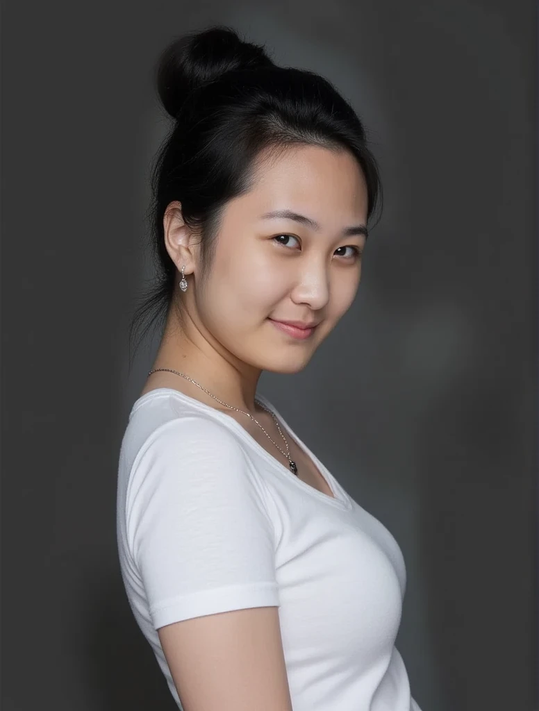 Pretty asian woman happy and smile, necklace, updo hair, she wearing very thin white t-shirt, (her black bra slightly visibled through clothes), visible bra lines, (big breasts) , (side pose, focused on her big breasts), gradient black-grey background