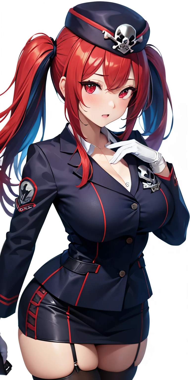 1 Female,High definition,high resolution,Ultra-realistic,8K, 1girl, solo, red hair, red eyes, twintails, employee uniform, pencil skirt, skull print, navy cap, fang, black legwear, white gloves, large breasts,European,sexy,Upper body close-up,Photographed from the front,Dynamic Angles,(blush), (medium tits) , multicolored hair 