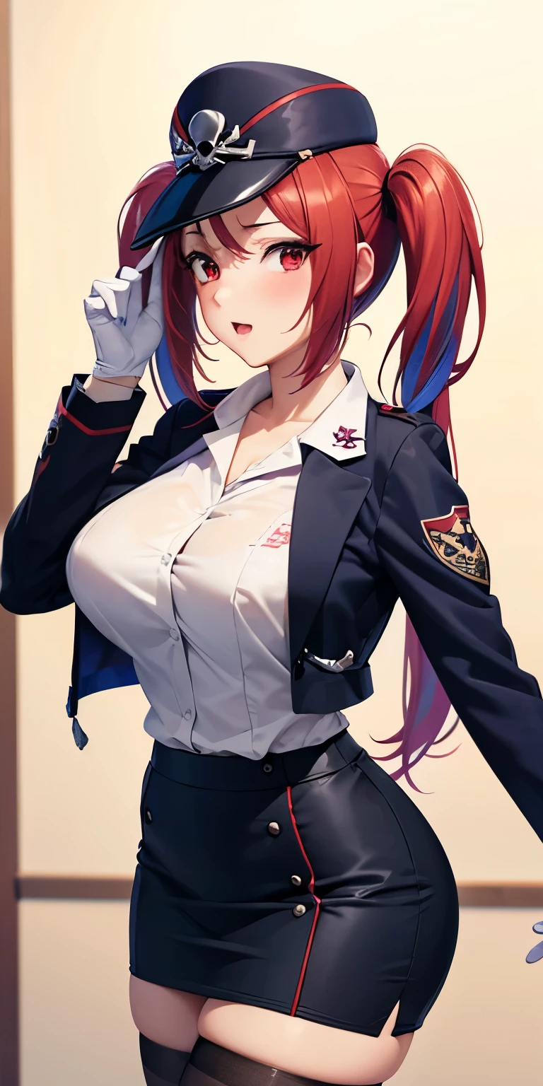 1 Female,High definition,high resolution,Ultra-realistic,8K, 1girl, solo, red hair, red eyes, twintails, employee uniform, pencil skirt, skull print, navy cap, fang, black legwear, white gloves, large breasts,European,sexy,Upper body close-up,Photographed from the front,Dynamic Angles,(blush), (medium tits) , multicolored hair 