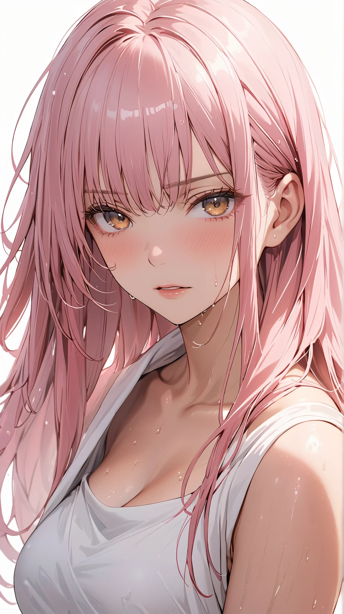 face details,solo focus,semi realistic, Masterpiece, Master work, perfect, 4K, 1 woman, sweating, wet, mature body, shiny golden eyes, big breast size, annoyed expression face, parted lips, straight hair style, long straight hair, pink colored hair, flat bangs hair style, detailed hair, wearing white shower towel, collarbone,showing thighs, pelvic curtain, standing pose, strong wind, messy hair, empty background, white background ,high res, ultrasharp, 8K, masterpiece, looking at the viewer, best quality, expressive eyes, perfect face