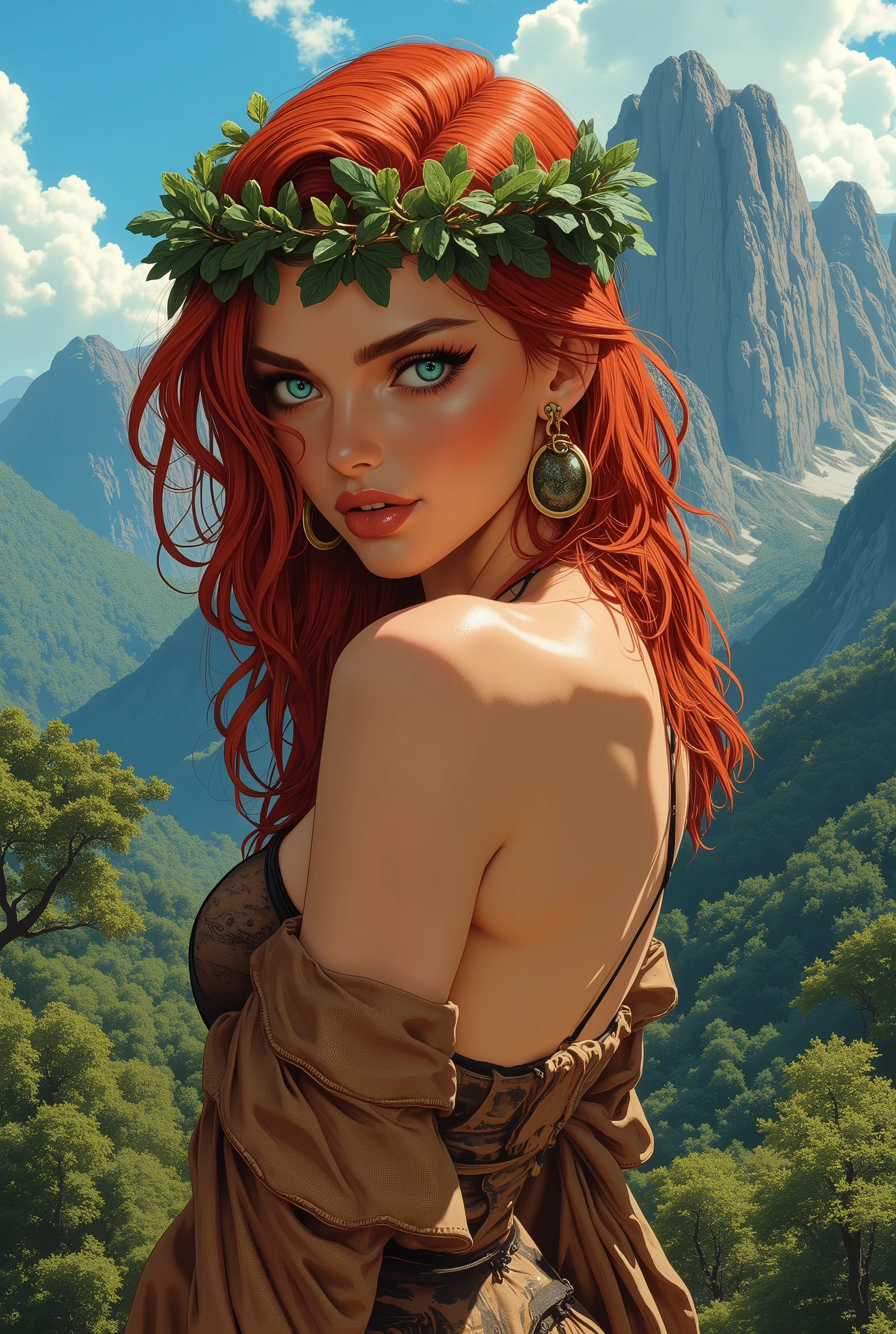 ne0nfant4sy, cowboy shot, masterpiece, western comics style, a painting of a stunningly beautiful woman femme viking, with red hair and sky blue eyes, and a garland of ivy in her hair. In the background mountains and forest,  pretty eye makeup, gorgeous lips ,  regal personality, oil painting style, big beautiful eyes looking intelligent looking at camera, sexy adorable pose , dynamic
, looking at viewer looking at the viewer, seductive smile, inviting smile, 