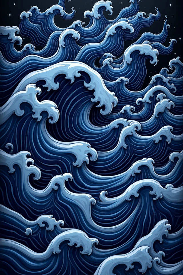 cshp, Midnight Waves: Bold, flowing curves and wave-like patterns in deep navy blue and bright silver tones. The composition has a rhythmic, layered aesthetic with sharp edges creating contrast.