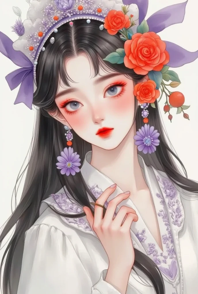 1girl, berry, black hair, camellia, closed eyes, closed mouth, earrings, eyelashes, eyeshadow, floral print, flower, fruit, hair flower, hair ornament, japanese clothes, jewelry, lips, lipstick, long hair, makeup, portrait, profile, purple bow, purple flower, red flower, red lips, red rose, solo, spider lily, upper body