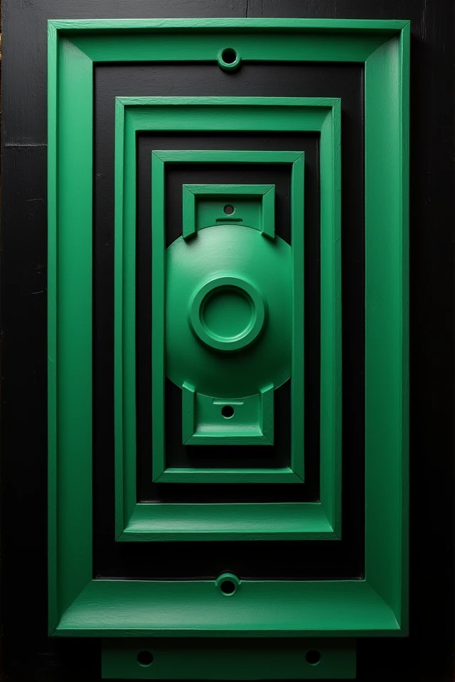 cshp, Linear Maze: A grid of overlapping rectangles and concentric circles in emerald green and matte black. The shapes are precise and minimalist, with a polished Art Deco finish and a touch of mystery.