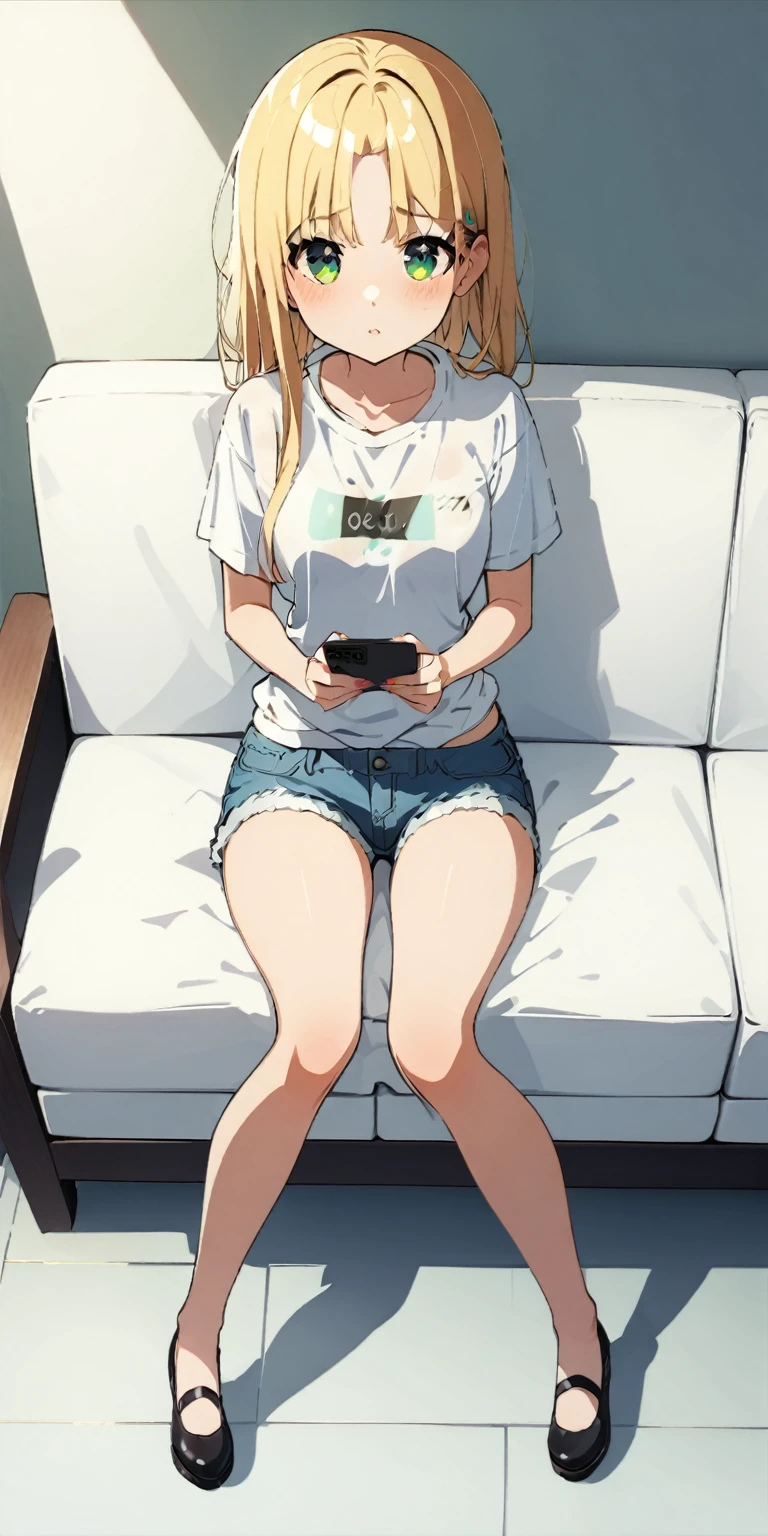 nagatoro :   A cute girl dressed in a t-shirt and short denim shorts ,  In front of me full body  ,  sitting on the couch leg , While fiddling with the cell phone  