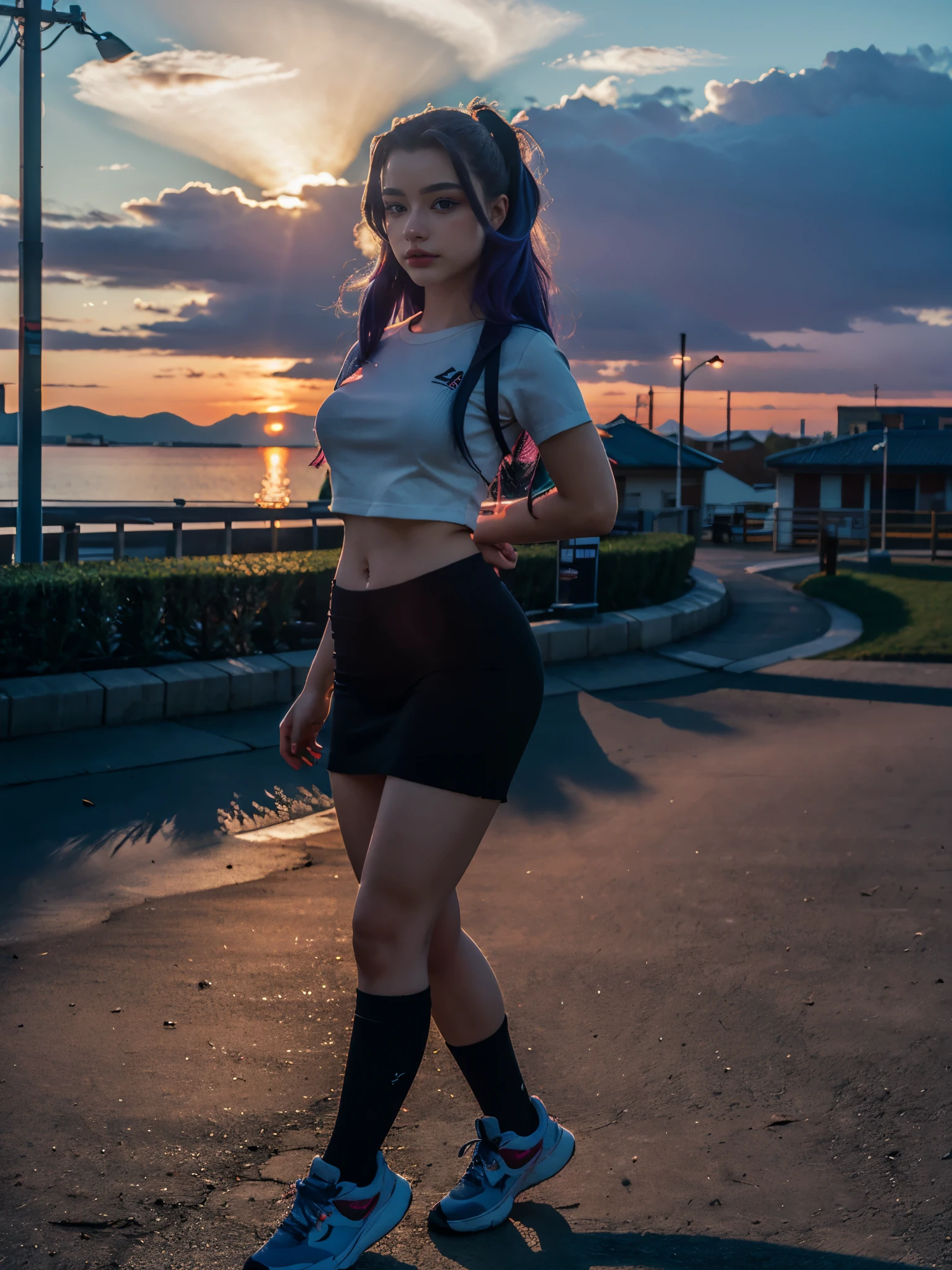 ((masterpiece)), ((best quality)), ((highres)), ((detailed background)), ((extremely detailed CG unity 8k wallpaper)), 1girl, big girl, big proportions, meaty limbs, 23 years old, solo, gym girl body, good booty, good legs, medium size breast, natural lighting, sunset, ichinose kotomi, clannad uniform, blue skirt, black socks, two side up, hair ornaments, photography, person, tarankaaa, blueish purple hair, library background, 8k photography