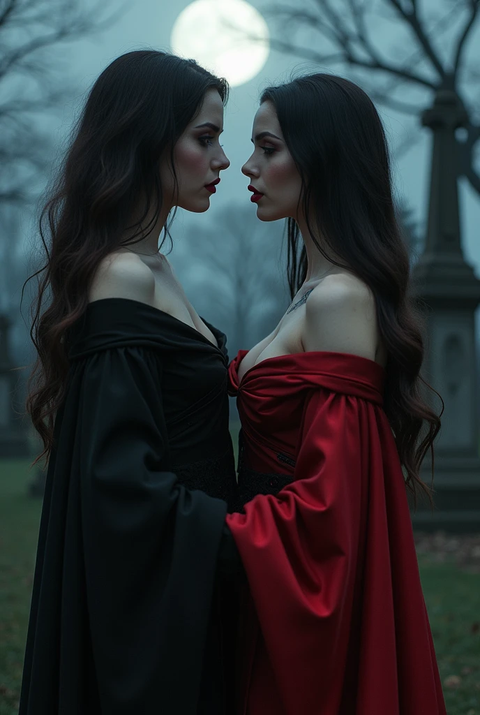 vampire teeth , ((((nighttime))) , 2girls,looking at each other in the eye, long hair , RAW photo, high quality, film grain,simple background, presenting, beautiful, (black and red lined satin cloak tied at the neck:1.20) , kissing necks , breasts,big ass, clothes lift,bottomless, moonlit graveyard , (2girls,yuri),