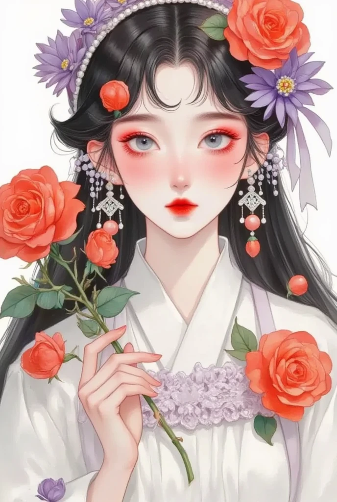 1girl, berry, black hair, camellia, closed eyes, closed mouth, earrings, eyelashes, eyeshadow, floral print, flower, fruit, hair flower, hair ornament, japanese clothes, jewelry, lips, lipstick, long hair, makeup, portrait, profile, purple bow, purple flower, red flower, red lips, red rose, solo, spider lily, upper body