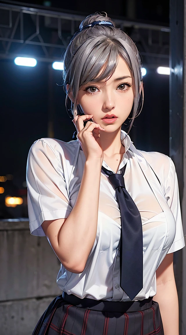 ((Girl on all fours)),Portrait Photography, Realistic, High resolution, 1 female, alone, Upper Body, Beautiful Eyes, Close your lips, detailed face, Gray Hair, Long Hair, Collared shirt, Red tie,Black Skirt, Pencil Skirt,, stockings,(Black lace panties are visible)(Super realistic)、(Consciousness upward)、(High resolution)、(8k)、(Very detailed)、(Best illustrations)、(Beautiful and detailed)、(highest quality)、(Very detailedな)、(masterpiece)、(wall-）、（detailed face）、alone、1 girl in、View your audience、Fine details、detailed face、Dark Night、Deep Shadow、Modest、Pure erotic face ace_v1、Laughter、length、Black shawl straight hair、46 point diagonal bangs,Female student、(White blazer chest)、Translucent white blouse、red bowtie、(Colorful ,Plaid)、Laughter,8k, highest quality, 超High resolution, Tabletop, Realistic, Realistic, High Contrast, Photon Mapping, The true picture, Super Detail, Low Angle: 1.5, 1 girl, alone: 1.5, whole body, Concert venue stage at night: 1.5, K-Pop Stars, K-Pop Idols, Dressing up in K-POP style, sexy, Open your legs forward, Flashy makeup, blazer: 1.3, Short skirt: 1.3, Pair a blazer and skirt with high heels, tie, Thursday: 1.3, barefoot, High heels, M character opening leg: 1.3, Spread your legs 180 degrees, Leg spread: 1.3, length hair with brown hair, Wet white panties: 1.5, Panties visible from under the skirt: 1.3, expensive, height: 170cm, Long legs: 1.2, face: 1.5, The Woman&#39;Thin shapes are clearly visible: 1.5, protruding from panties 1.2, witheout panties: 1.3, Textured skin