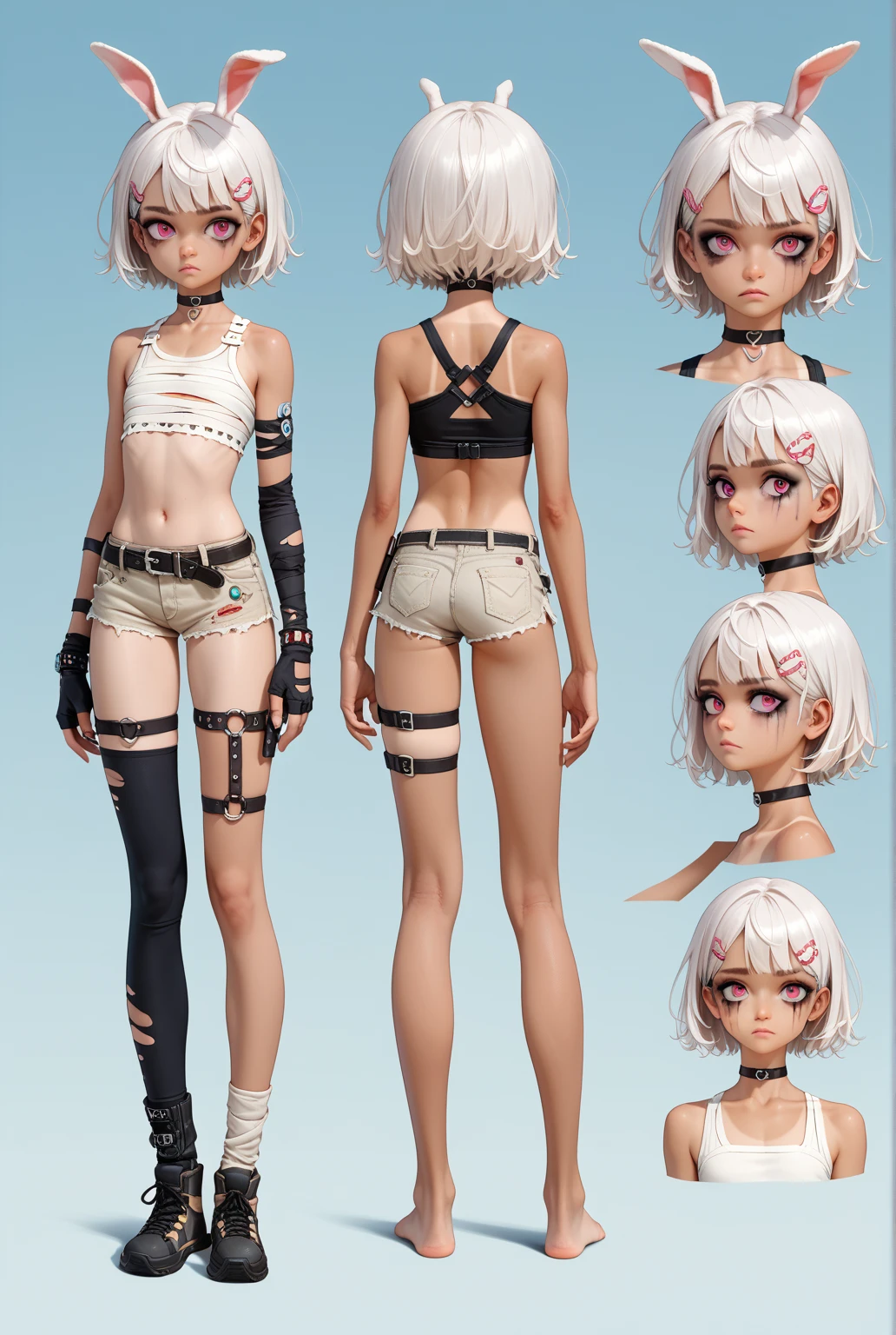 character sheet, fullbody. NSFW. tan ****, short hair, flat chest, bunny ears, white hair, slutty desert clothes, asymetrical clothes, skinny, tanlines, smear makeup, expressionless face, detailed clothes, asymetrical legwear, city background, sexy makeup, choker, pink eyes, bandaid, long legs, straps, belts, heart hair clip, masterpiece, best quality, uncensored