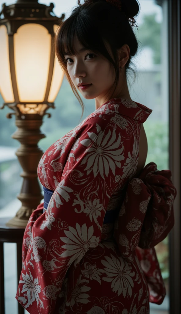 Kimono Beauty，Low-cut，look back,Big breasts