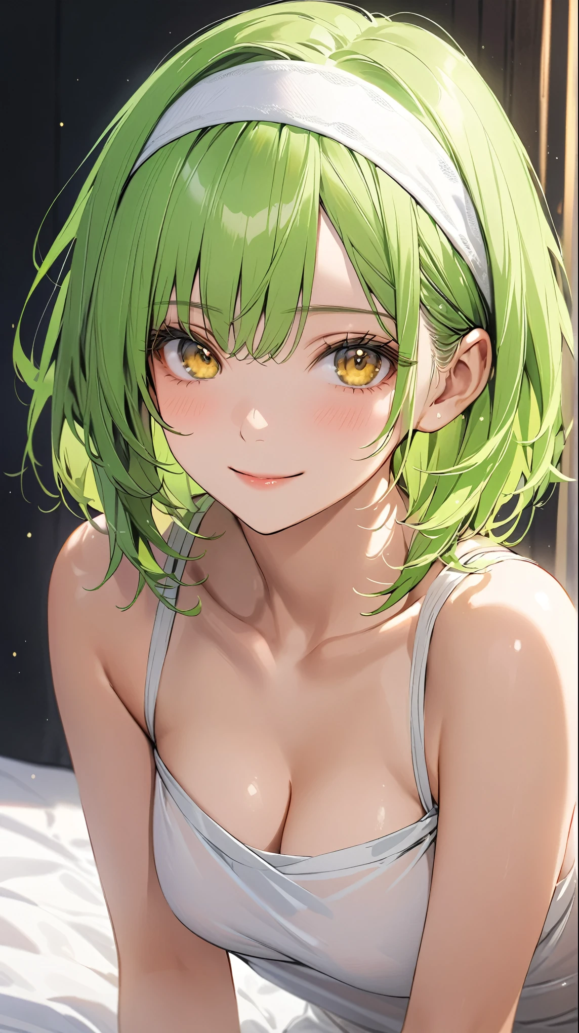 ((Masterpiece)), ((Best Quality)), Illustration, One Girl, Hair color, Bangs, Hairstyle Fax, Portrait from waist up, Naked, Hide body with hands, Women, Cat ears, Long light green hair, Gray eyes, Ponytail, Dull bangs, Smile, Hot Spring