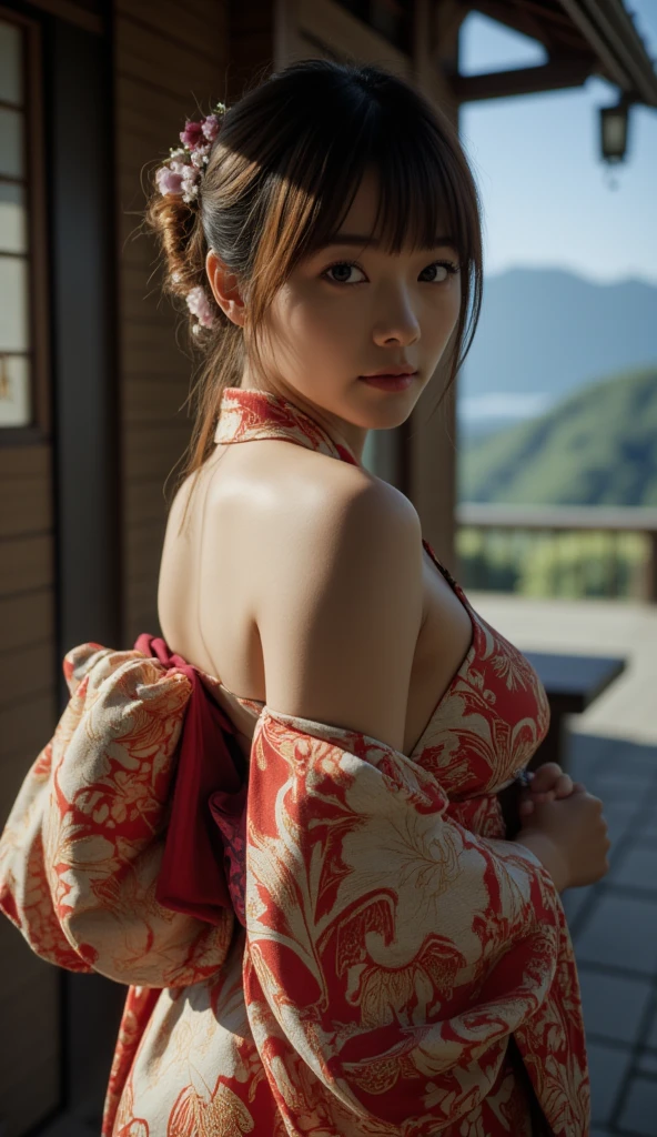 Kimono Beauty，Low-cut，look back,Big breasts