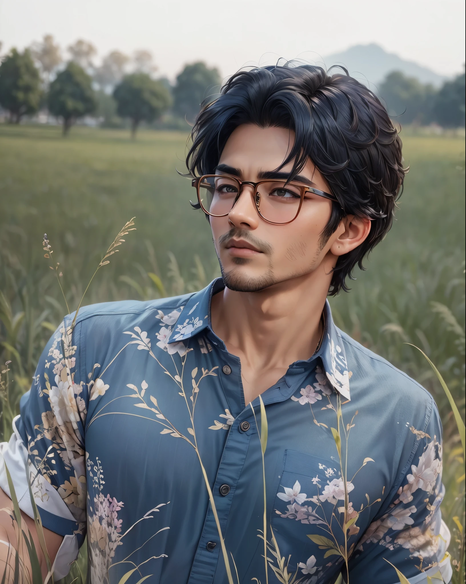 Handsome guy with round glasses and a blue shirt in a grass field, attractive and good looking, raden saleh, ayan nag, handsome man, a handsome, profile shot, good looking face, stylish pose, handsome male, handsome and attractive