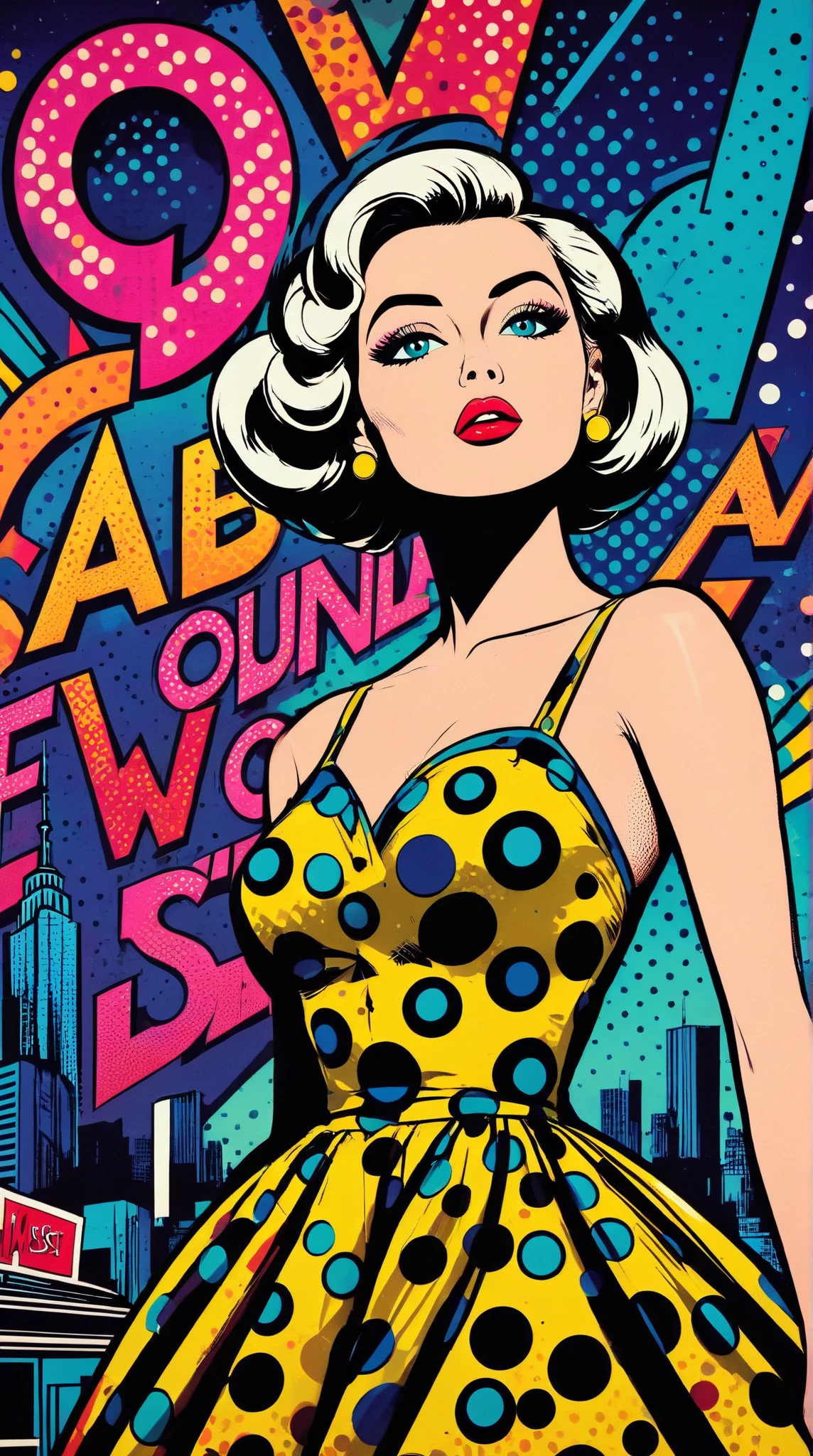 vibrant pretty woman in 1950s style dress, bold graphic shapes, futuristic cityscape, Ben-Day dots, colorful bold typography, Andy Warhol, Roy Lichtenstein inspired, dramatic primary colors, strong contrast, low-angle shot, glowing neon lights, abstract geometric patterns, elegant pose, confident facial expression