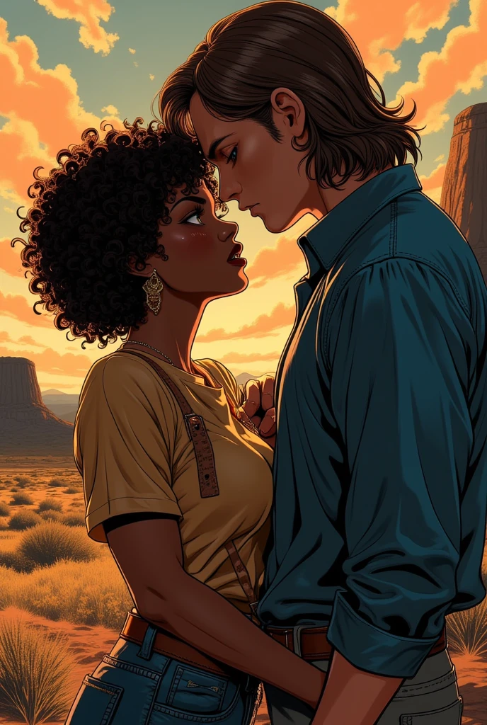 ne0nfant4sy, cowboy shot, masterpiece, western comics style, a painting of a stunningly beautiful couple. Woman of , black woman with curly brown hair type 4c medium, Round face, full cheeks, eyes browns, in American college clothes, dainty, looking at him with an angry look, and a tall man, stark, with a mischievous look, blue colored eyes, Medium Brown Hair, expert, 2, dark romance