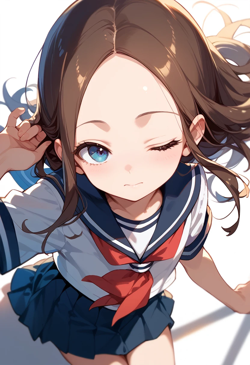 masterpiece, high definition , best quality,8k
( Mr. Takagi who is good at teasing) ( school sailor suit with a close back )(One closed eye, closed mouth)
( from above)