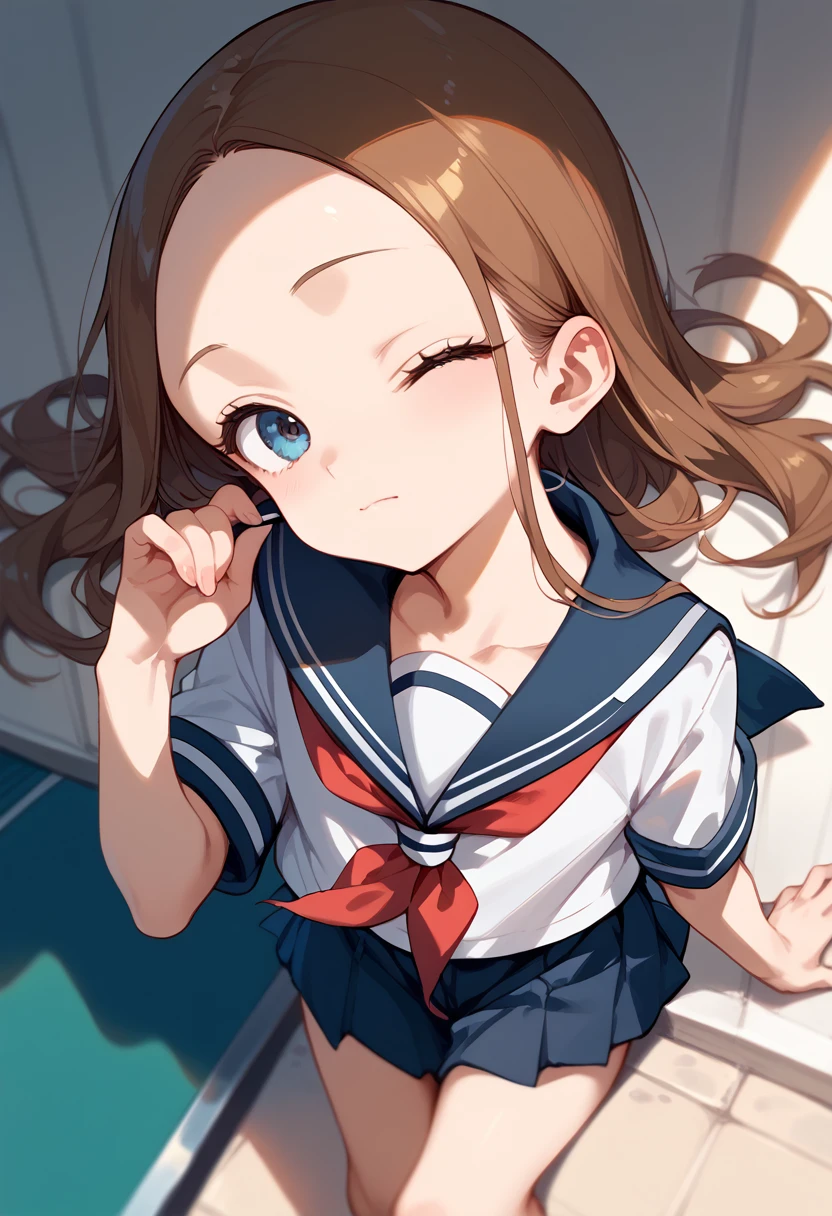 masterpiece, high definition , best quality,8k
( Mr. Takagi who is good at teasing) ( school sailor suit with a close back )(One closed eye, closed mouth)
( from above)