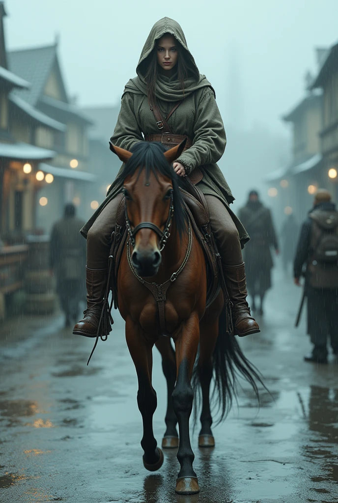 ((masterpiece, highest quality, Highest image quality, High resolution, photorealistic, Raw photo, Extremely detailed CG unified 8k wallpaper)), (huge stunning goddess shot, very hot and sexy, jaw-dropping beauty, perfect proportions, beautiful body, slim body beauty:1.4), A medieval street, a traveler on horseback is walking in the rain, both she and her horse are wet, a medieval town can be seen in the distance behind her, the view is hazy from the rain, she is wearing a crude hooded cloak and crude boots, carrying a small amount of luggage in a bag on her back,