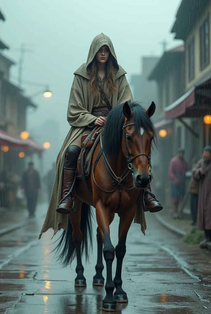 ((masterpiece, highest quality, Highest image quality, High resolution, photorealistic, Raw photo, Extremely detailed CG unified 8k wallpaper)), (huge stunning goddess shot, very hot and sexy, jaw-dropping beauty, perfect proportions, beautiful body, slim body beauty:1.4), A medieval street, a traveler on horseback is walking in the rain, both she and her horse are wet, a medieval town can be seen in the distance behind her, the view is hazy from the rain, she is wearing a crude hooded cloak and crude boots, carrying a small amount of luggage in a bag on her back,