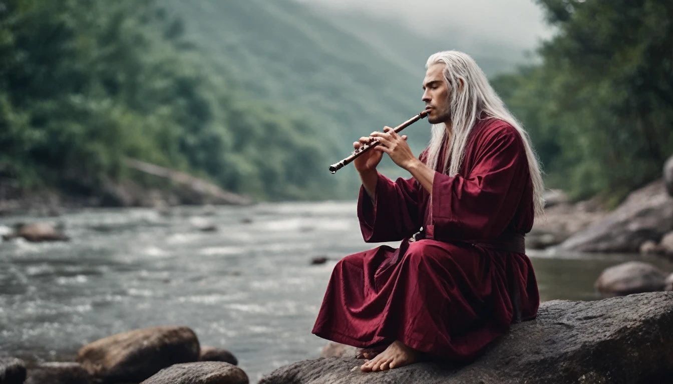 Close up 30 year old man with long white hair, wearing a maroon robe, sitting cross-legged on a rock blowing a flute, beautiful river background, cool atmosphere, afternoon rain, realistic, 8k resolution