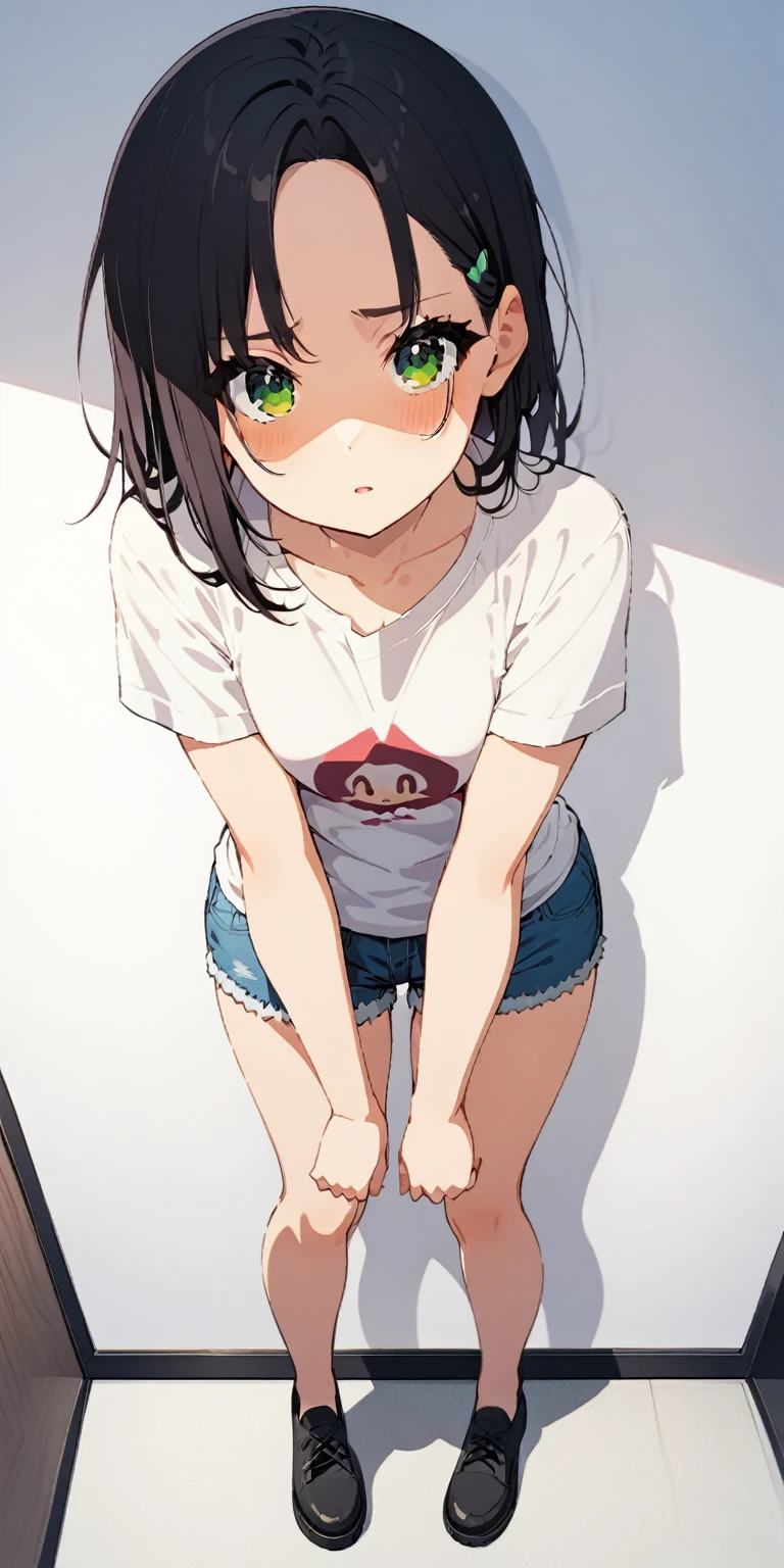 nagatoro :  A cute girl dressed in a t-shirt and short denim shorts , In front of me full body , Crouching down to get something off the ground 