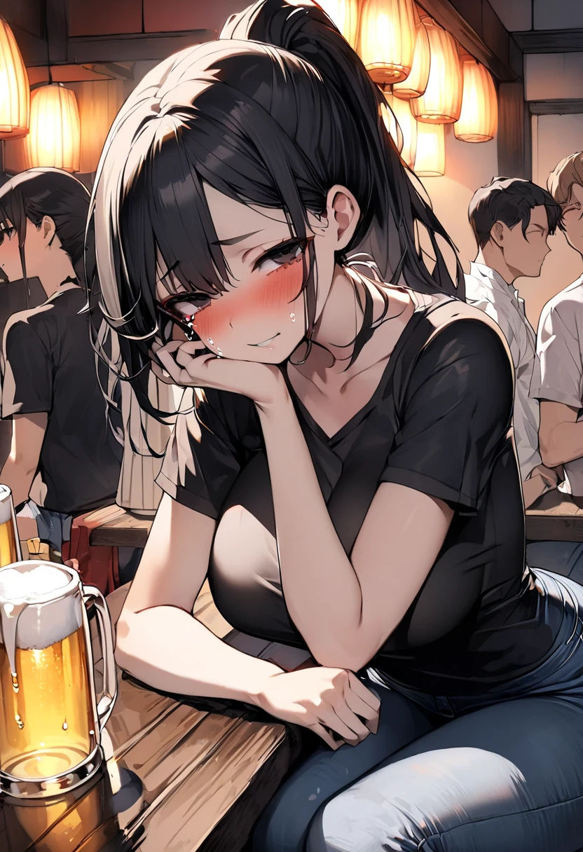 (best quality, 4K, high resolution, masterpiece:1.2, Extremely detailed），Large Breasts,30 years old girl,独奏,black hair,long hair,blue eyes,sad,tears,(drunk,blush),sitting,drinking,((Mature sexy body))，Black stockings,holding mug,counter,pub,