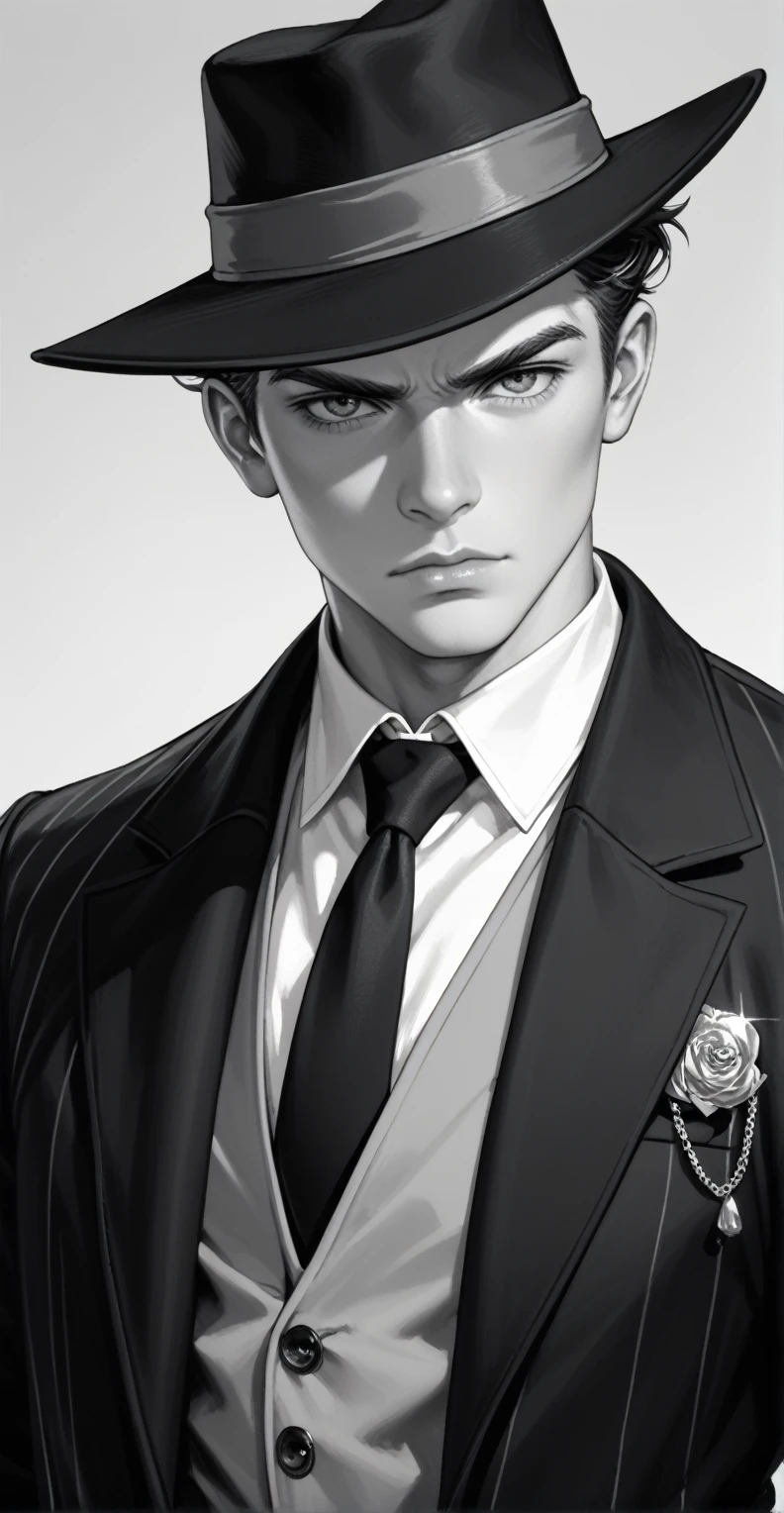 a boy, serious face, physically strong, Dressed like Detective,  black and white image