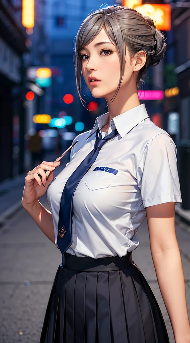 (((Meiko ))),((Stern face))(8k,   RAW photo, masterpiece:1.3), (Realistic, photo-Realistic:1.37), (  knight ), ( Viewers:1.331), (Grey Hair),  pose, tokyo street,   knight cityscape,   Cyberpunk City , Soft light,   1 girl,    beautiful face ,   Bust, Put your hands down, Random hair  style  , Random Expressions, Big Eyes,   Lower abdomen  , (Short sleeve .ＪＫ_ shirt), ＪＫ_  style  , ( dark blue  ＪＫ_ skirt), (bow ＪＫ_tie),  Mix 4.,   best quality,(( skirtめくれている)) pussy、